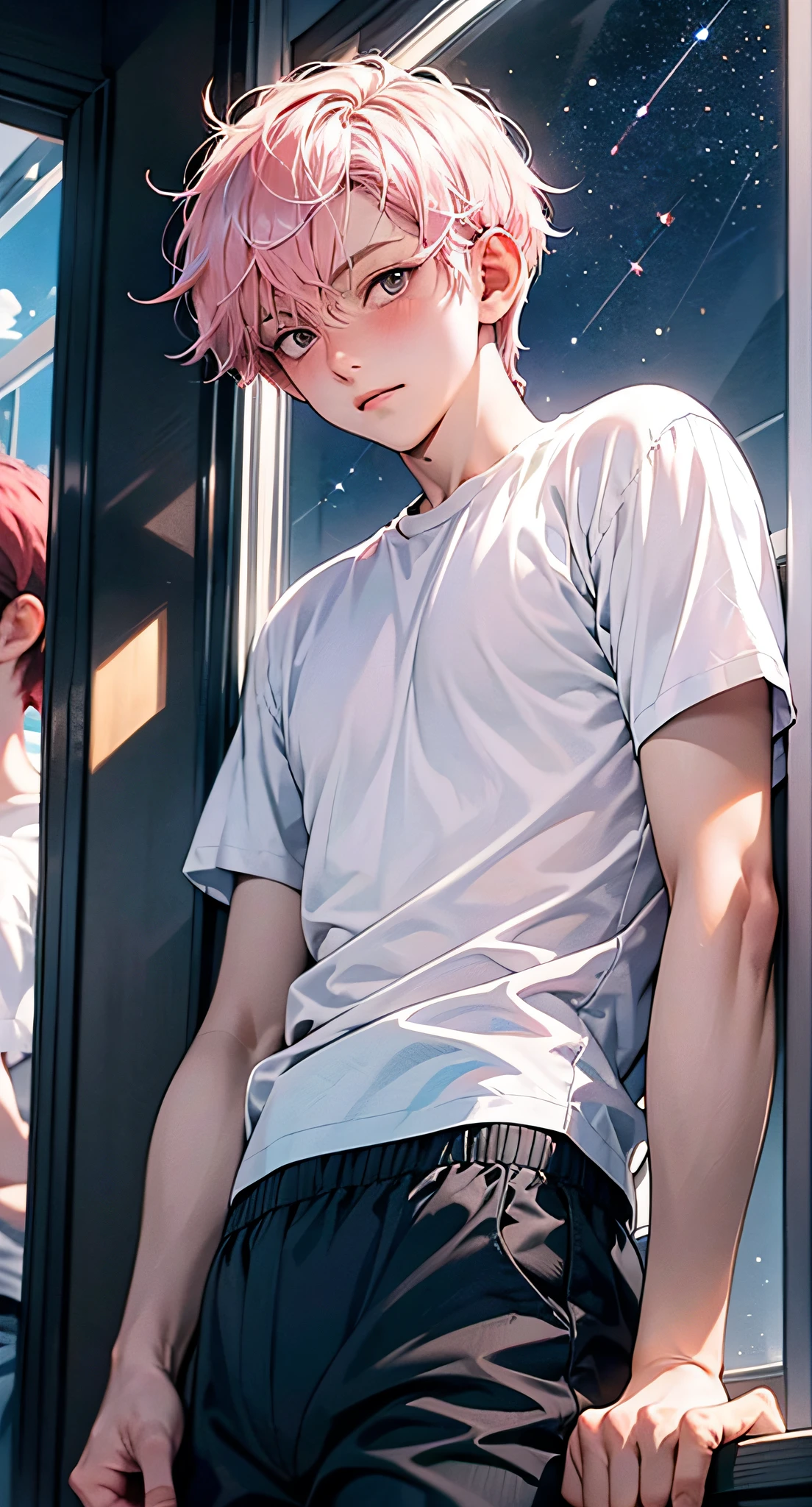 tmasterpiece，A high resolution，ultra - detailed，offcial art，Unity8k wallpapers，ultra - detailed，The boy sits by the window，18yr old，Pink hair，Short sleeves in white，blue short pants，Looking Up The Sky，starrysky