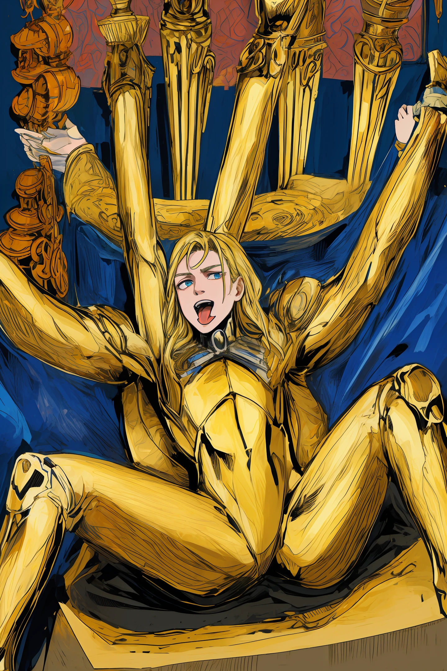 tmasterpiece,A boy,It's a very uncomfortable look,Flushed complexion,There are several hamsausage-like columns around them,golden hair,spread their legs,Stick out your tongue,full bodyesbian