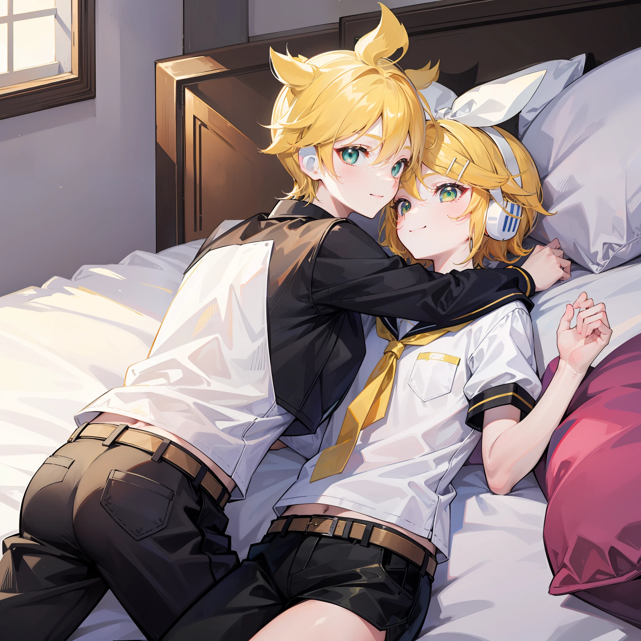 best quality, ultra precision, only two person, one boy and one girl, (a boy is Kagamine_Len), (a girl is Kagamine_Rin), green eyes, cute, short hair, head phone, blond hair, sailor uniform, black short pants, belt, yellow necktie, smile, elementary school student, older sister and younger brother, twins, love each other, children, (boy is as tall as girl), kids, characters focus, couple, love each other, on bed, bedroom, night, look at each other, (hug), smile, lying on bed, platonic love