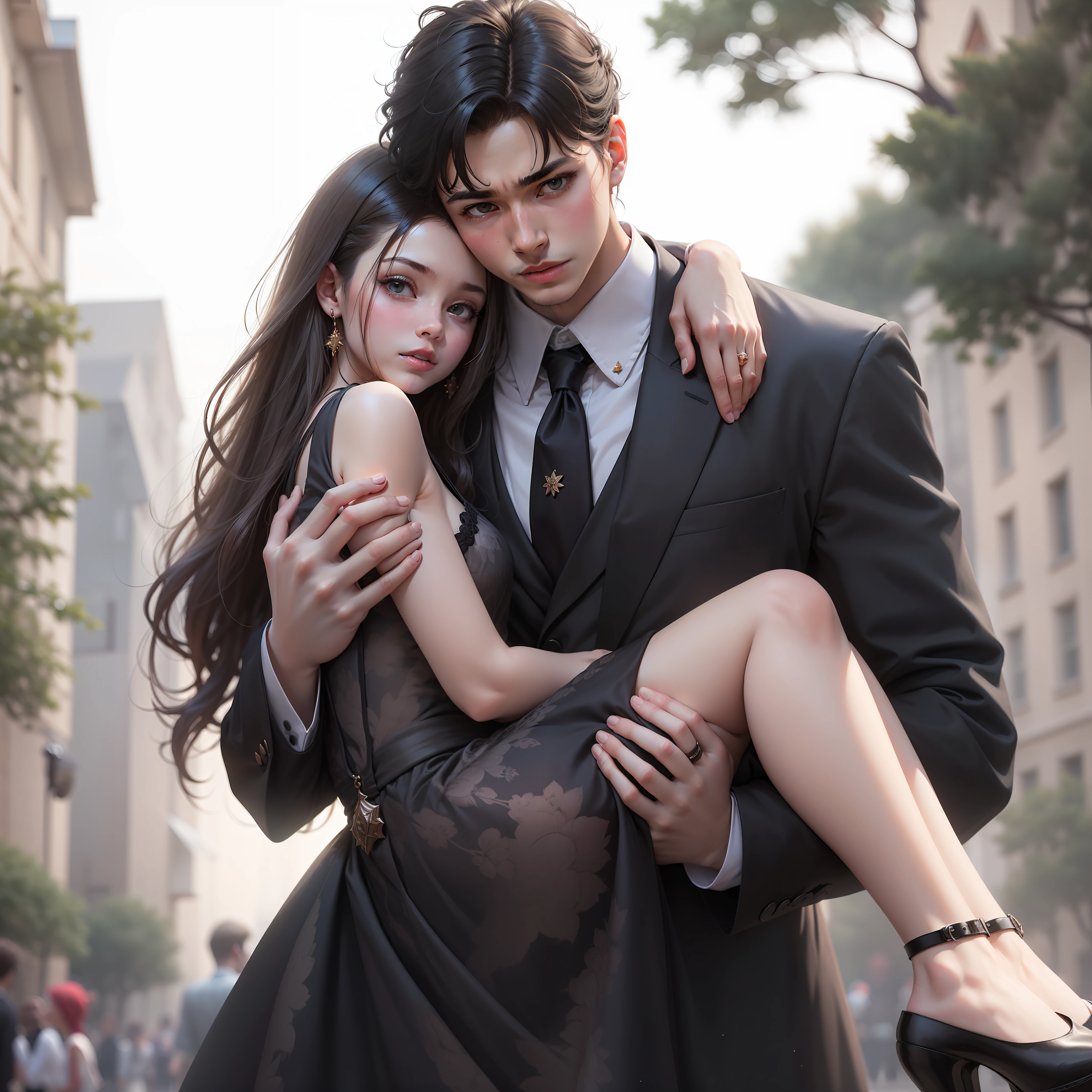 Boy princess holding girl,Girls in small black dresses