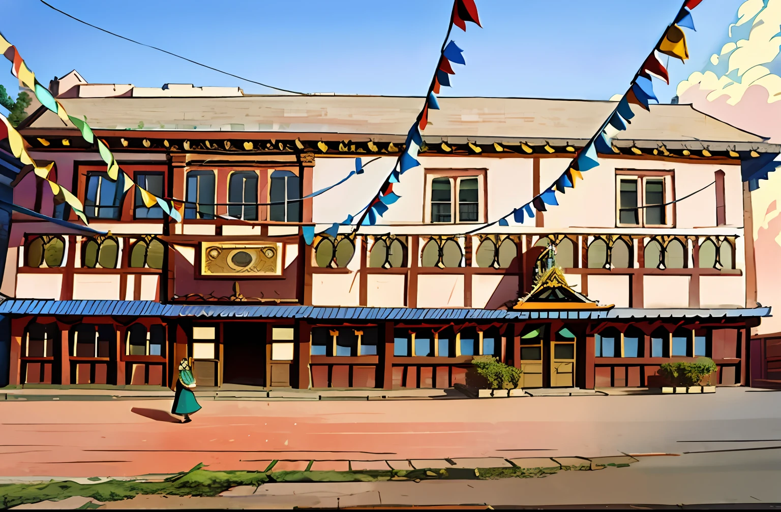 there are people standing outside of a building with flags flying in the air, nepali architecture buildings, khedival opera house, old building, old buildings, building facing, full building, seen from outside, historical setting, frontview, nepal, old shops, exterior view, old house, front view, very ornamented, big poor building, ancient buildings, single building