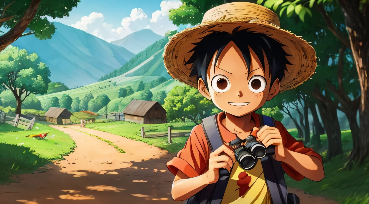 One peice Luffy child, 8k, With his binoculars in hand, he followed the trail that wound around the farm and he saw a  colorful birds that sang enchanting melodies --auto