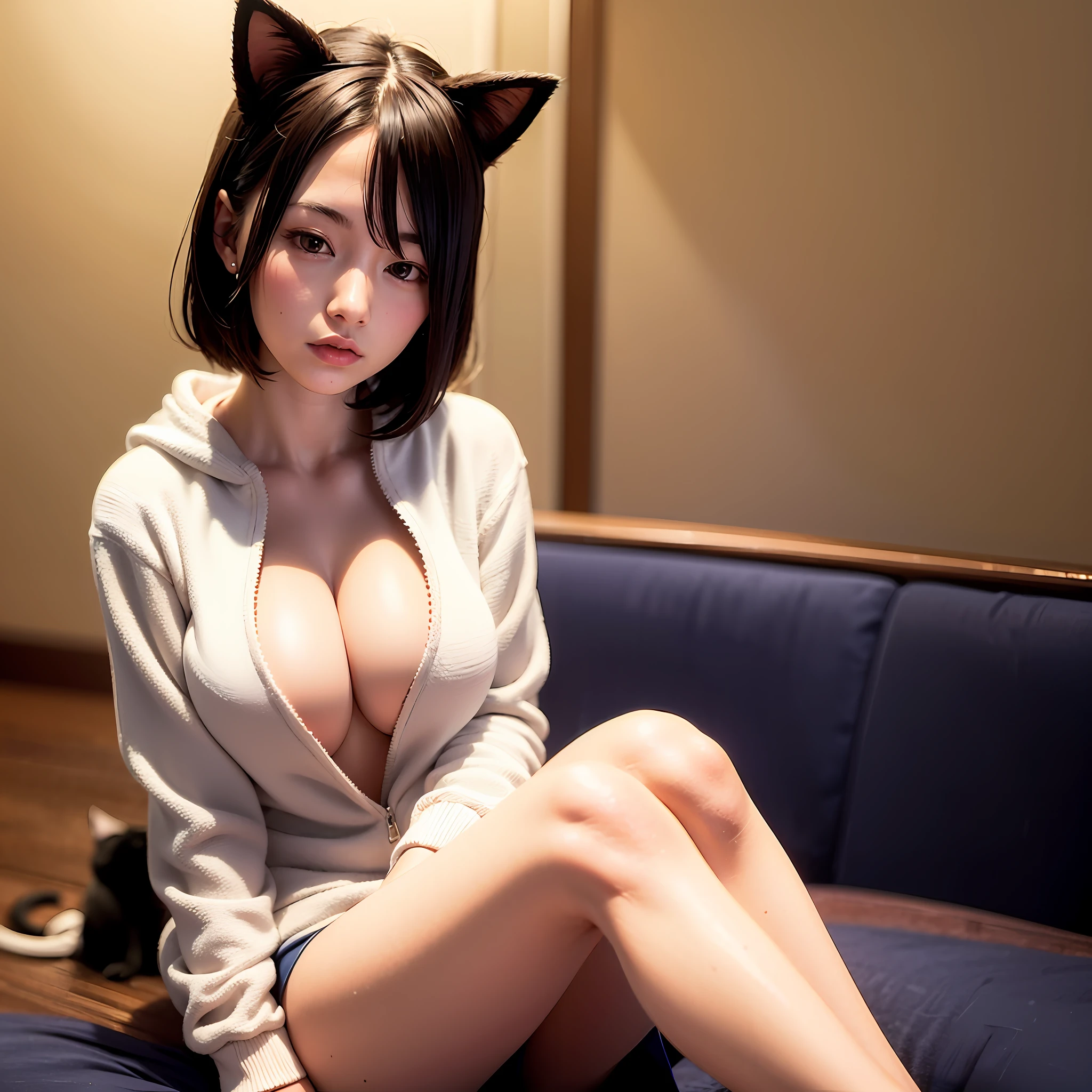 beautiful japanese busty lady with cat ears, age20, white hoodie, half undressed, navy mini skirt