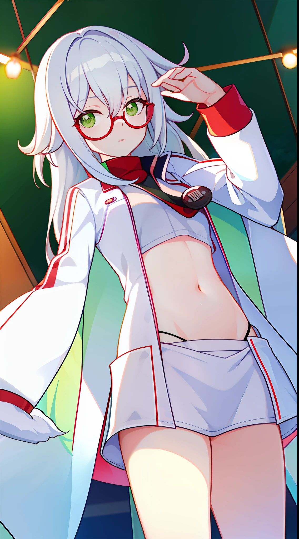 young girl, Long white hair, Green eyes, red glasses, labcoat, open belly, Upskirt, Masterpiece, hiquality