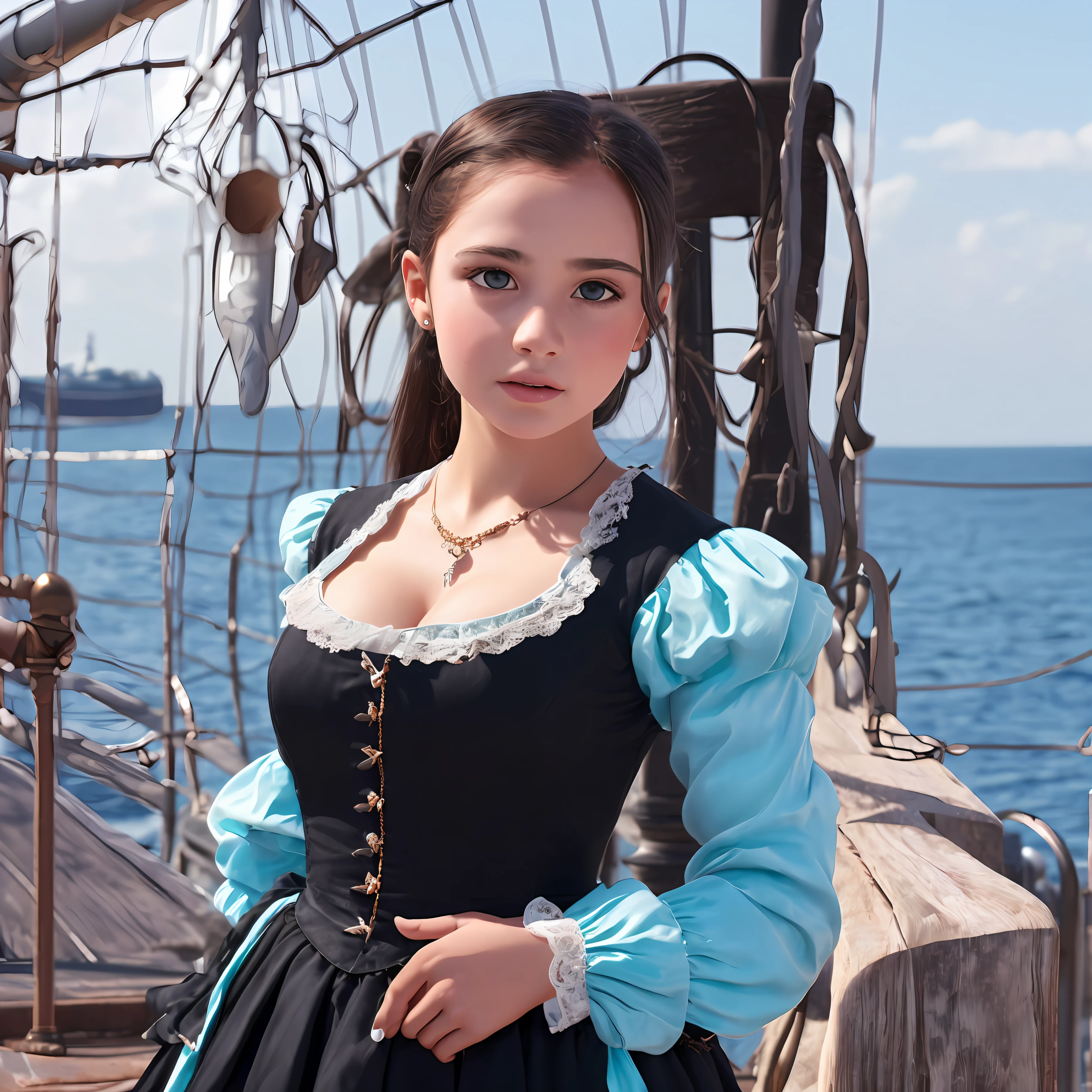 Girl in an old dress of the 16th century, On board the ship, Realistic, black hair, Cyan eyes, big breastes, very extremely beautiful, Looking at the camera, 4k --auto