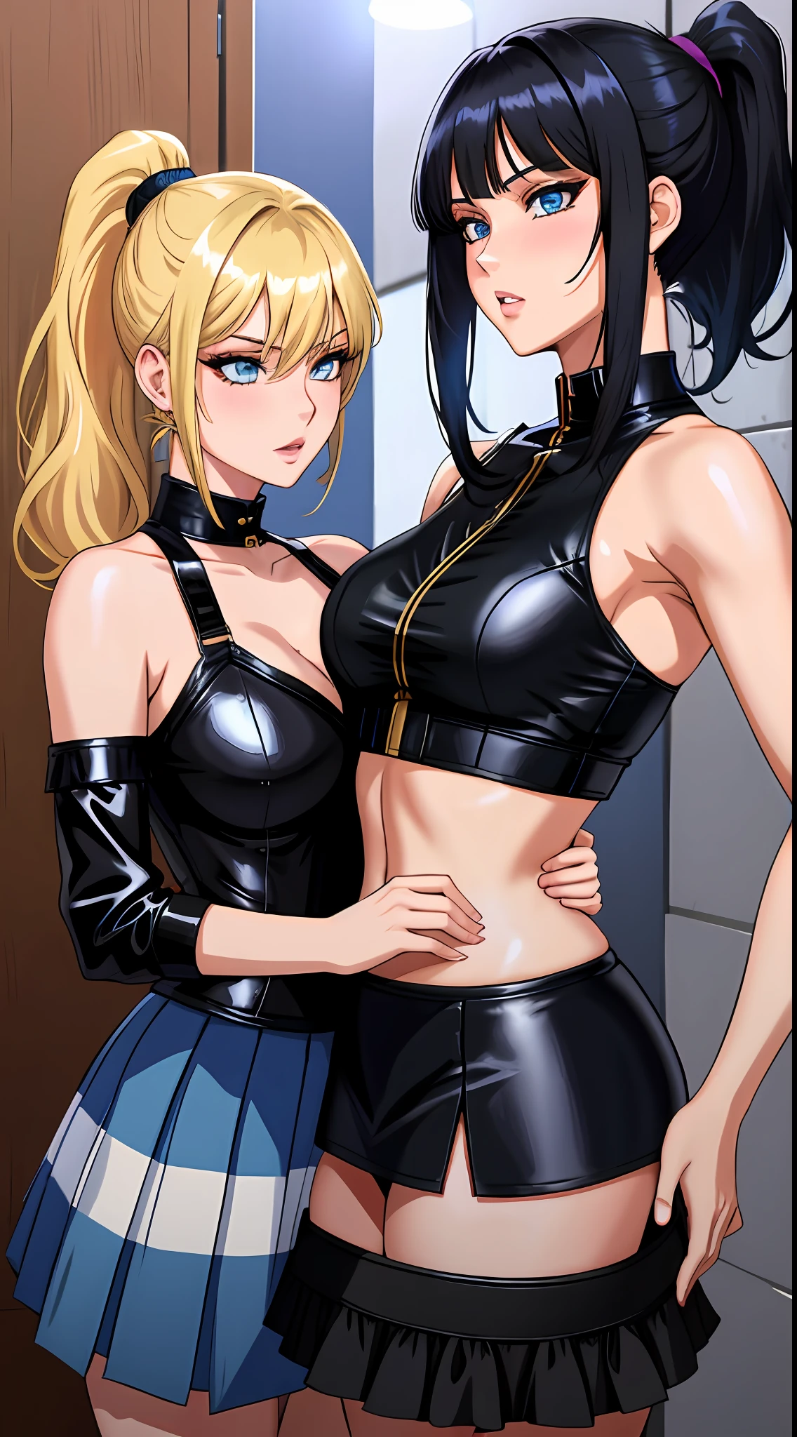 2 Anime girls, black hair with one-side bang and high top ponytail, meduim hair lenght, black tight outfit, blue skirt, blue eyes, sexy, ecchi, nsfw, yuri, lesbian, tickle her blond friend's armpit