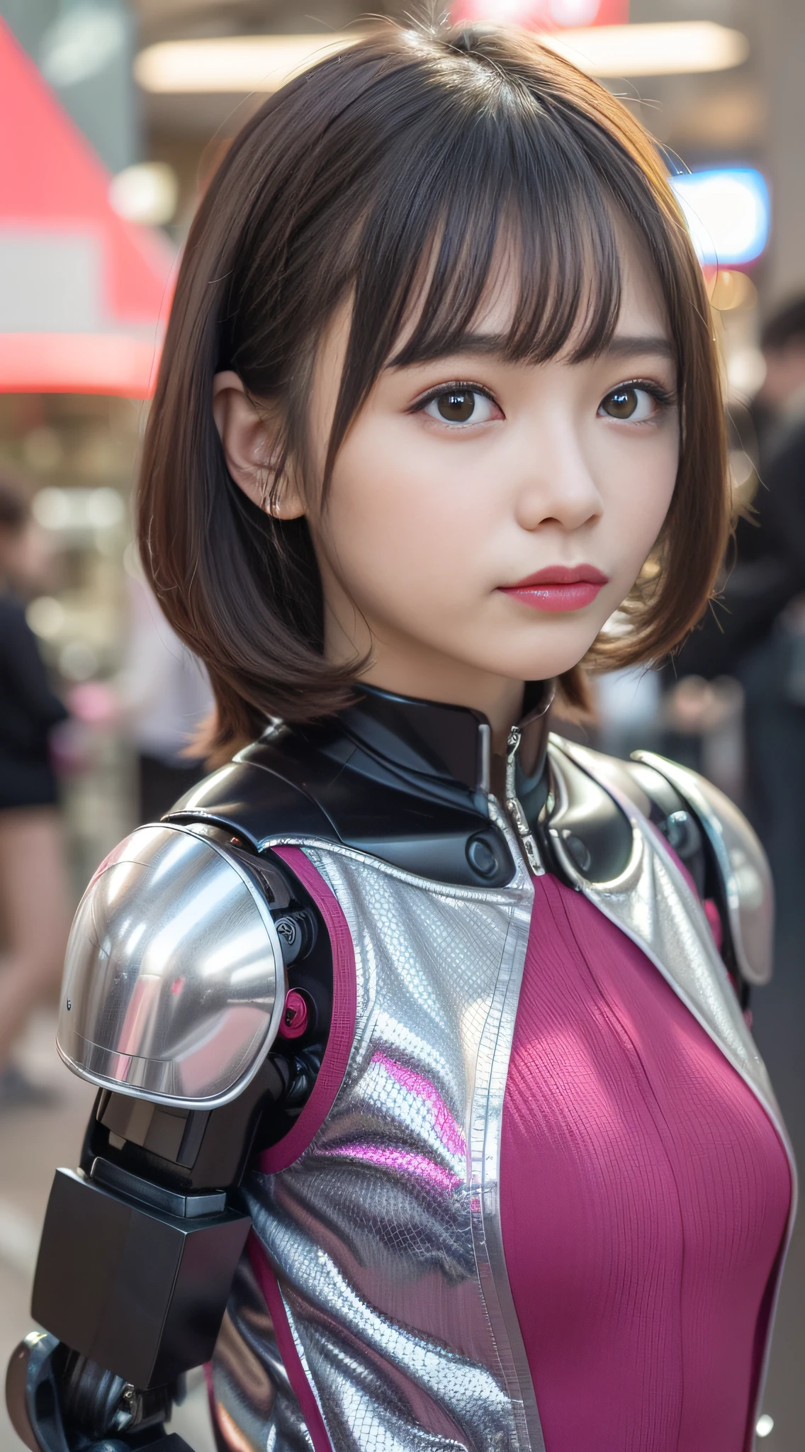 (Photorealsitic:1.4)、girl with１a person、(top-quality),(hyperdetailed face)、(Super well-formed face)、((Robot Parts))、(Cyborg girl)、(pink there)、(Burgundy)、(metalic)、(full bodyesbian)、(Moe Pose)、(thin)、(tits out)、(Model body type)、(mecha exposure)、(akihabara)、(Looking at the camera)、(A dark-haired)、(９Head and body)、(Small face)、(Well-formed fingers)、(idol)、(frontage)、(is standing)、(Photo session)、(Looks sad)、(a secretary)