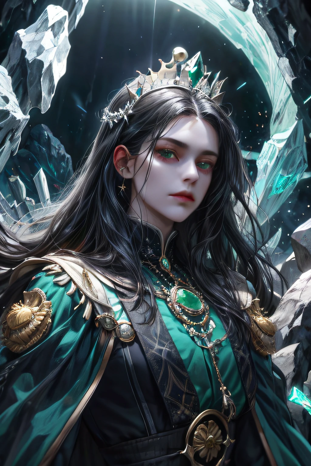 (absurdres, highres, ultra detailed), (1girl, solo, mature, long hair), black hair, dress, long sleeve,   looking at viewer, solo, upper body, detailed background, close up, cold detailed face, (victorian theme:1.1), crystal mage, levitating, dynamic pose, elemental rock themed clothes, crystal crown, rocks floating in the air, glowing  shards, surrounded by green  jewels,     magical floating particles,    crystal landscape background, (shallow water:0.7),  cinematic ethereal atmosphere,  reflections, updraft,, upper body, dutch angle