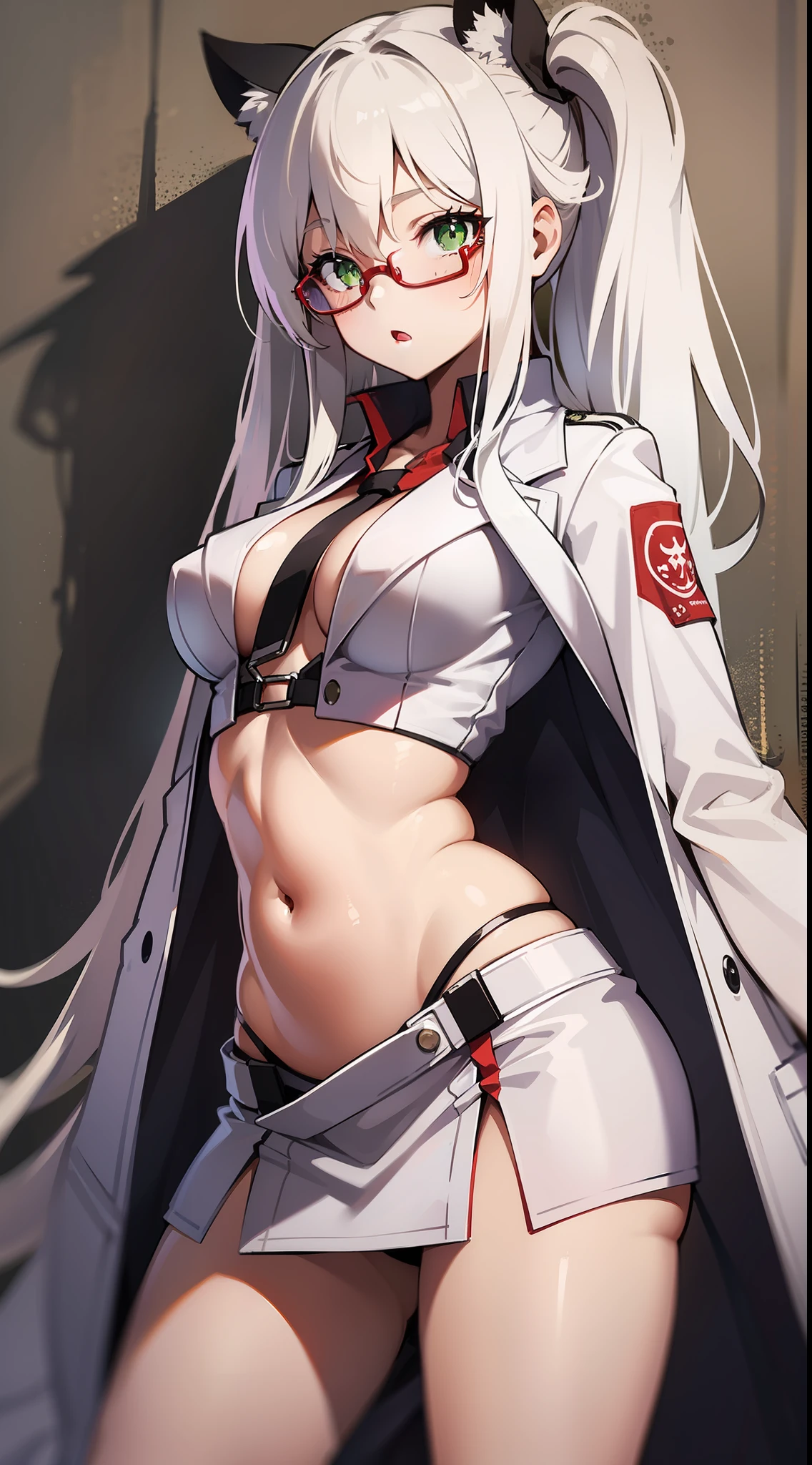 young girl, Long white hair, Green eyes, red glasses, labcoat, open belly, Upskirt, Masterpiece, hiquality