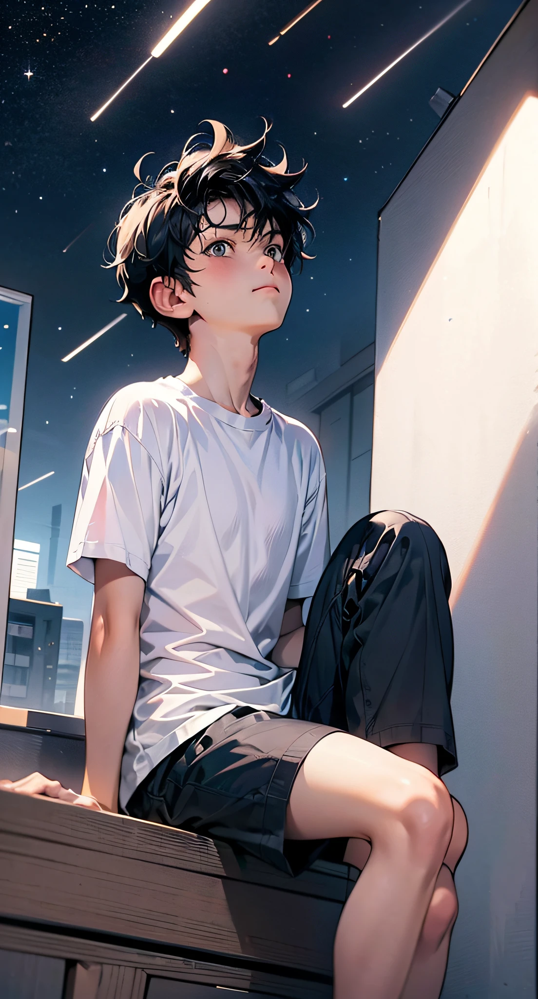 tmasterpiece，A high resolution，ultra - detailed，offcial art，Unity8k wallpapers，ultra - detailed，The boy sits by the window，18yr old，with short black hair，Short sleeves in white，blue short pants，Looking Up The Sky，starrysky