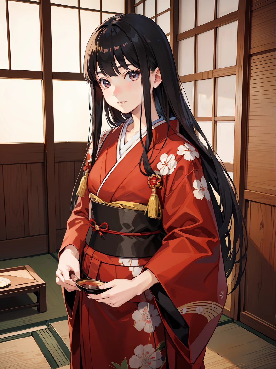 japanese child girl, 14yo,
(masterpiece, sidelighting, finely detailed beautiful eyes: 1.2), portrait, realistic, 3d face, lustrous skin,
japanese red kimono, black long hair, blunt bangs,
Japanese house, standing, cowboy shot,
portrait,