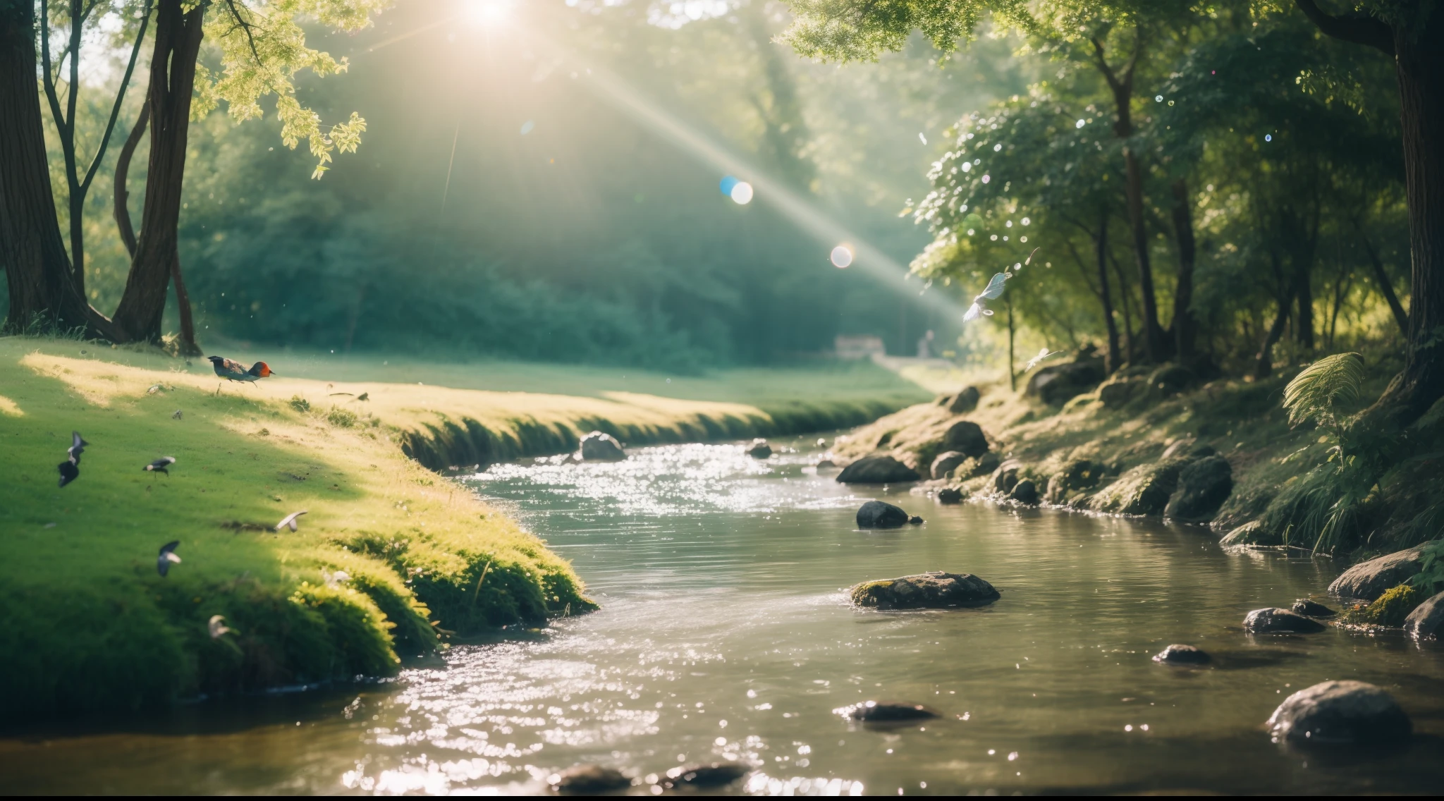 Brook in the countryside, in woods, Clean water surface, Multicolored moss, Colorful rocks, Diffuse reflection of light, crystal-clear water, Fresh green, colorful fog, Leaves fluttering in the wind, sony a7, film gain, sun shine, Cinematic lighting, Photorealistic, one-point perspective, 32K, diffuse reflection, colorful shiny particles, Fly lots of colorful birds, colorful water splash, Lens Flare, sharp reflection light
