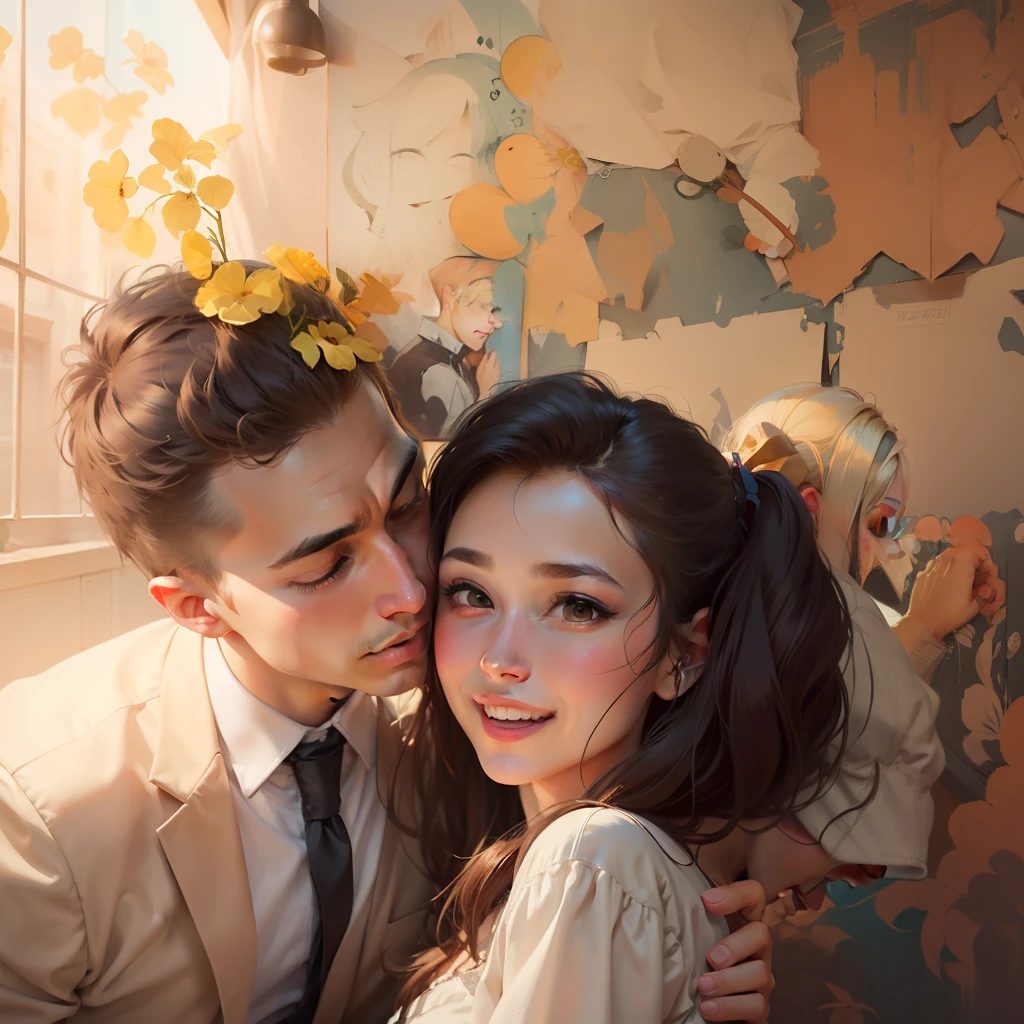 Draw a painting with a similar style for a couple, Show the relationship and interaction between two people,Let the characters in the picture show happy expressions, And add warm details to the picture.