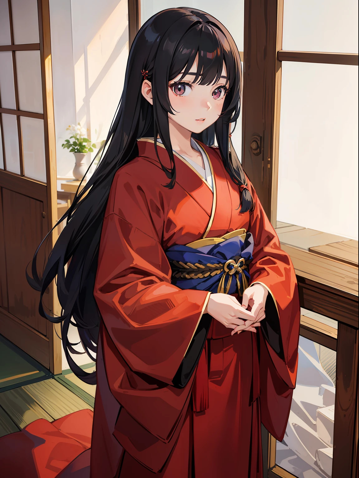 japanese girl, 14yo,asterpiece, sidelighting, finely detailed beautiful eyes: 1.2), portrait, realistic, 3d face, lustrous skin,
japanese red kimono, black long hair, blunt bangs,
Japanese house, standing, cowboy shot,
portrait,