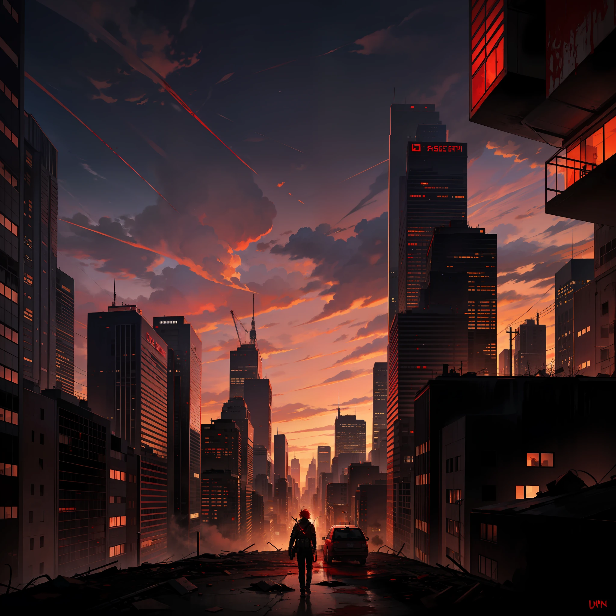 （Urban apocalyptic scenario）
（blood red colored sky）
