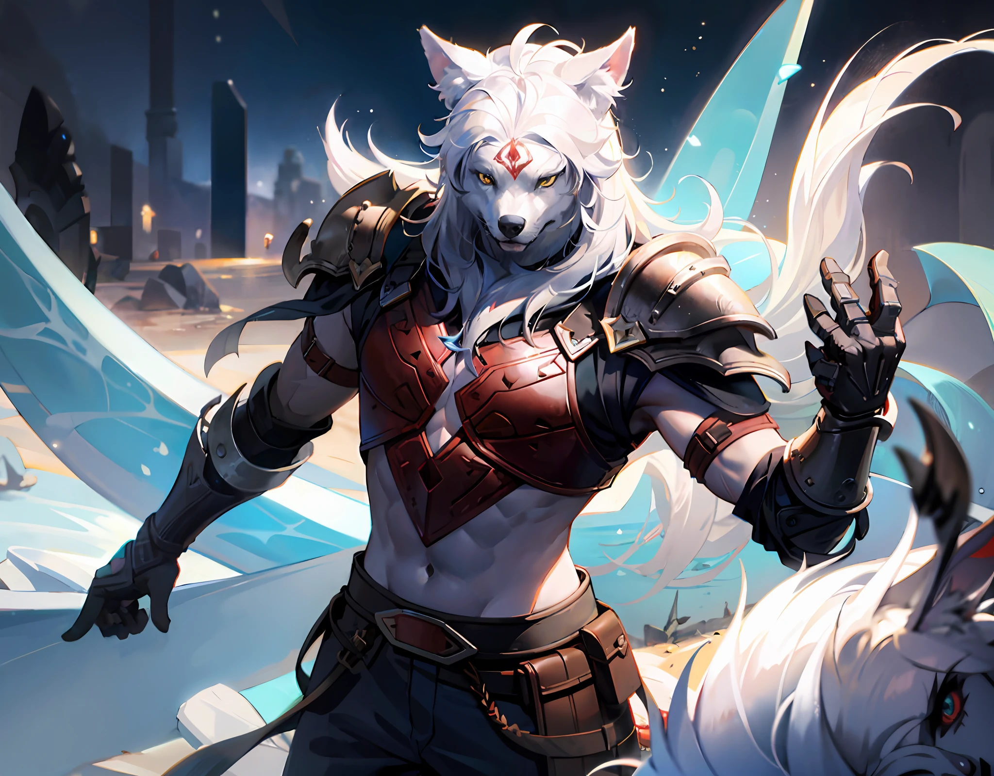 White Wolf God of War,Kill and poke the armor,Wolf head,full bodyesbian,photorealestic,glacier