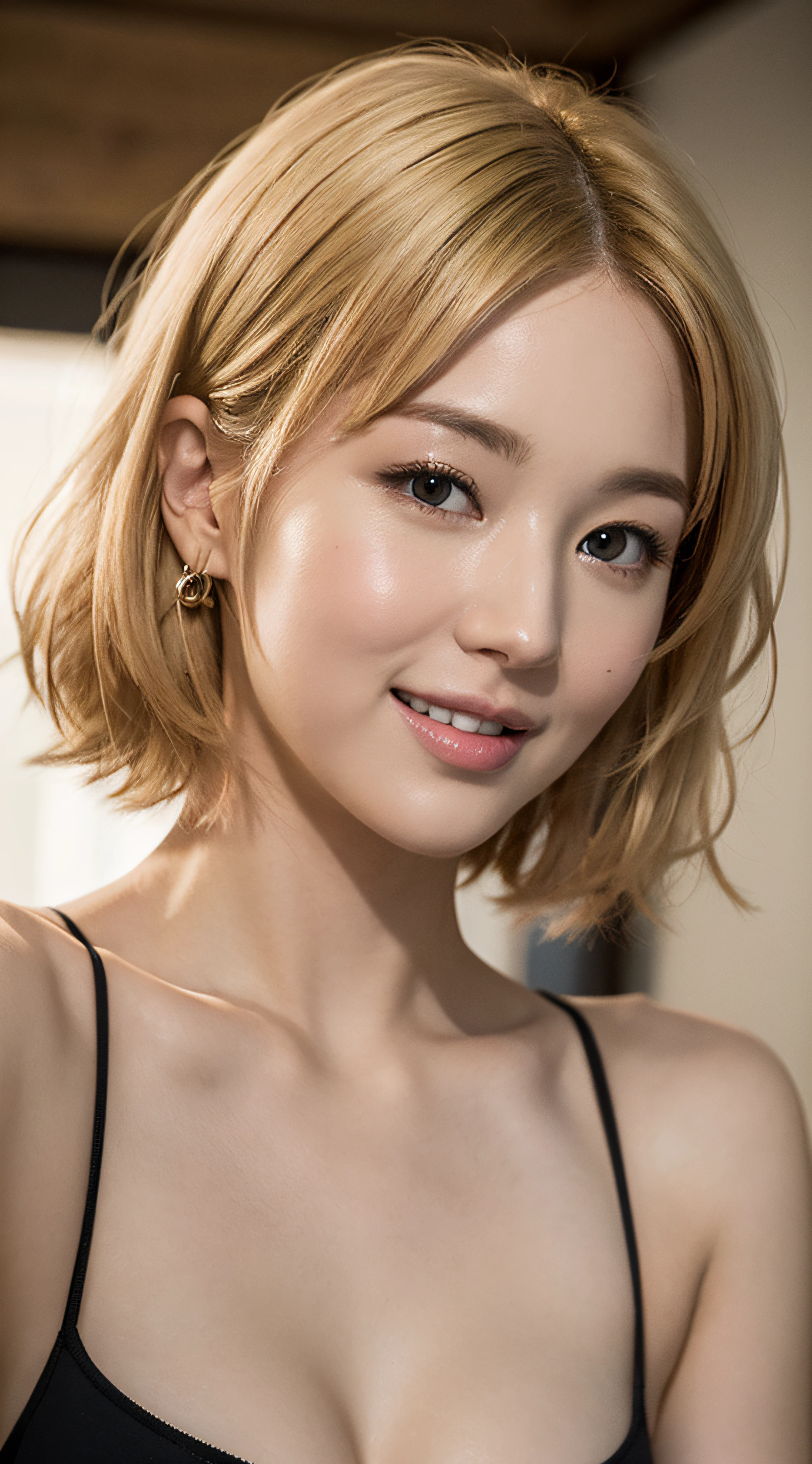 (masuter piece:1.3)、(8K、Photorealsitic、Raw photography、top-quality: 1.4)、(1girl in)、beautiful countenance、(Lifelike face)、(a blond、short-hair:1.3)、Beautiful hairstyle、realisticeyes、Beautiful details、（real looking skin）、Beautiful skins、（Thin T-shirt）、absurderes、enticing、超A high resolution、A hyper-realistic、high-detail、the golden ratio、Sheer areola、Emphasis on chest、Smile with open mouth