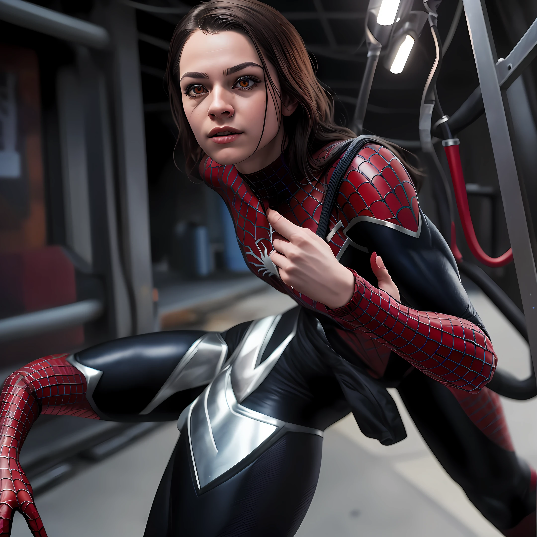 （8k， foto RAW， melhor qualidade， obra-prima： 1.2）， ultra detalhado， arte oficial， foto-realista： 1.37，Female Spider-Man， Black suit， spider in the center of your chest in white， Organic-looking clothes， Naked， symbiote， whiteeyes， fine art， PS5 movie screenshot， Highly detailed detailed movie rendering， ultra photorealistic raytricing， Pose with cinematic lighting de ação，8K，Photorealsitic