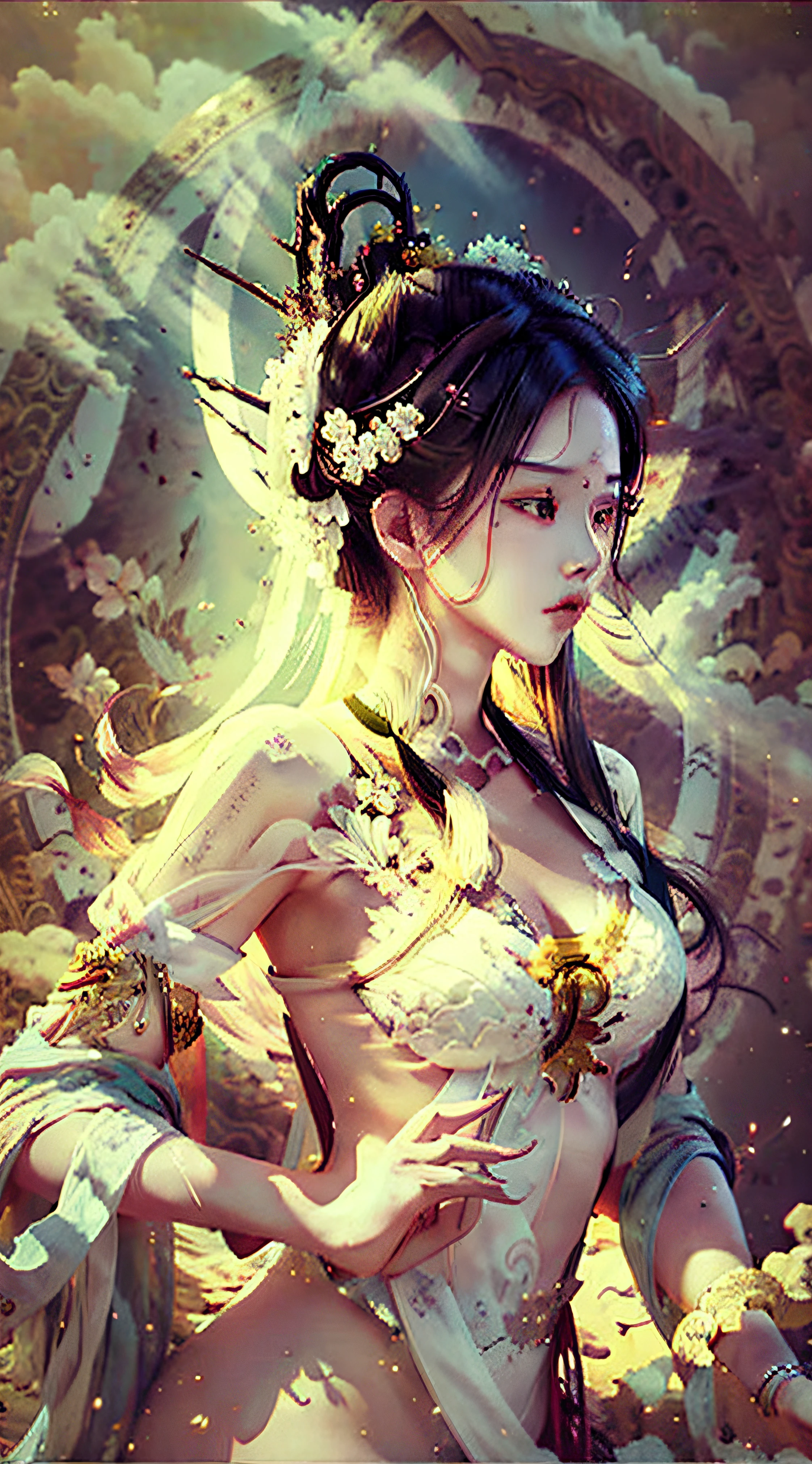 nsfw, zhongfenghua, 1girl, solo, hanfu, ancient_chinese_architecture, flower field, blossom, (white smoke:1.3) (photorealistic:1.4), zentangle, mandala, entangle, official art, unity 8k wallpaper, ultra detailed, beautiful and aesthetic, masterpiece,best quality, (dynamic angle:1.4), glowing skin, (floating colorful sparkles:1) the most beautiful form of chaos, elegant, a brutalist designed, vivid colours, romanticism depth of field exotic_dance, half_naked --auto