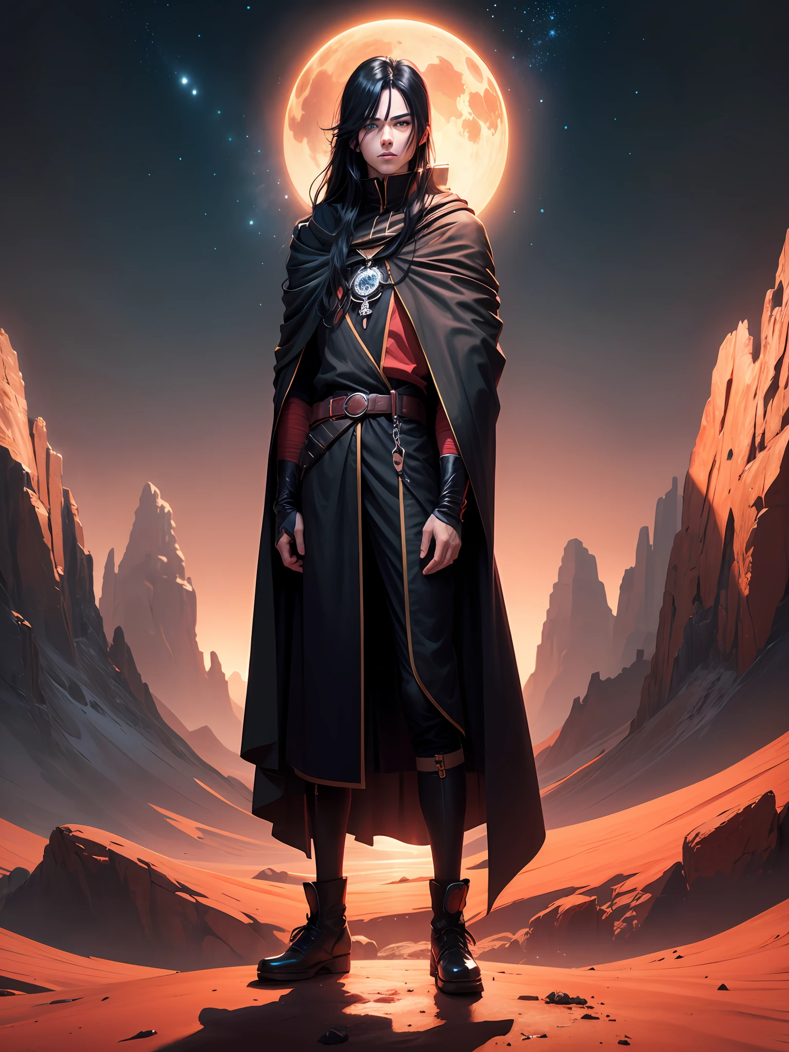 Anime man with long black hair and black cloak standing in front of a red planet, with blue eyes, anime style 4 k, Anime Art Wallpapers 8K, Anime Art Wallpapers 4K, Anime Art Wallpapers 4K, black - haired mage, anime wallpaper 4k, badass anime 8 k, anime wallpaper 4k, 4k anime wallpaper, --auto
