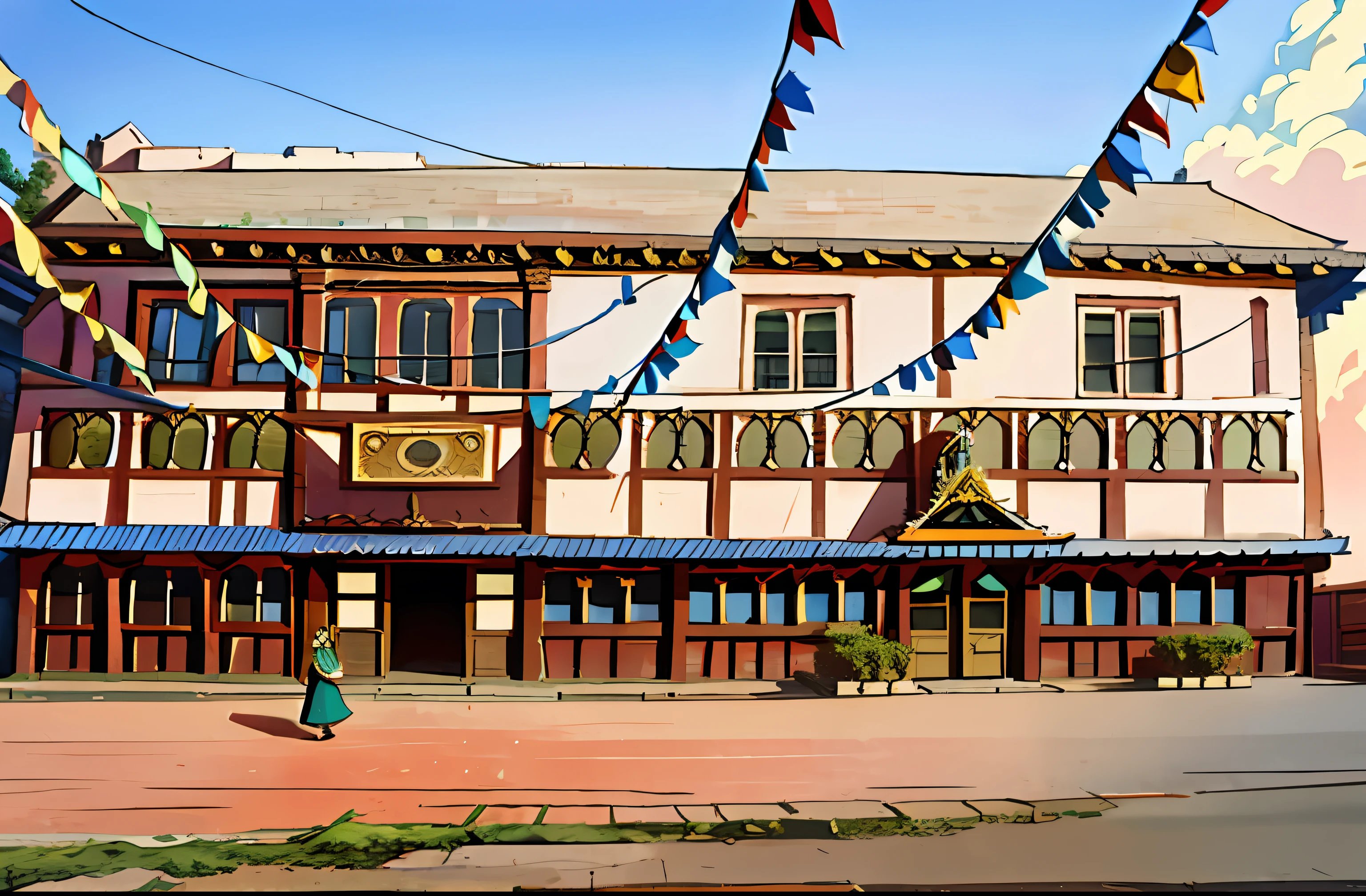 there are people standing outside of a building with flags flying in the air, nepali architecture buildings, khedival opera house, old building, old buildings, building facing, full building, seen from outside, historical setting, frontview, nepal, old shops, exterior view, old house, front view, very ornamented, big poor building, ancient buildings, single building