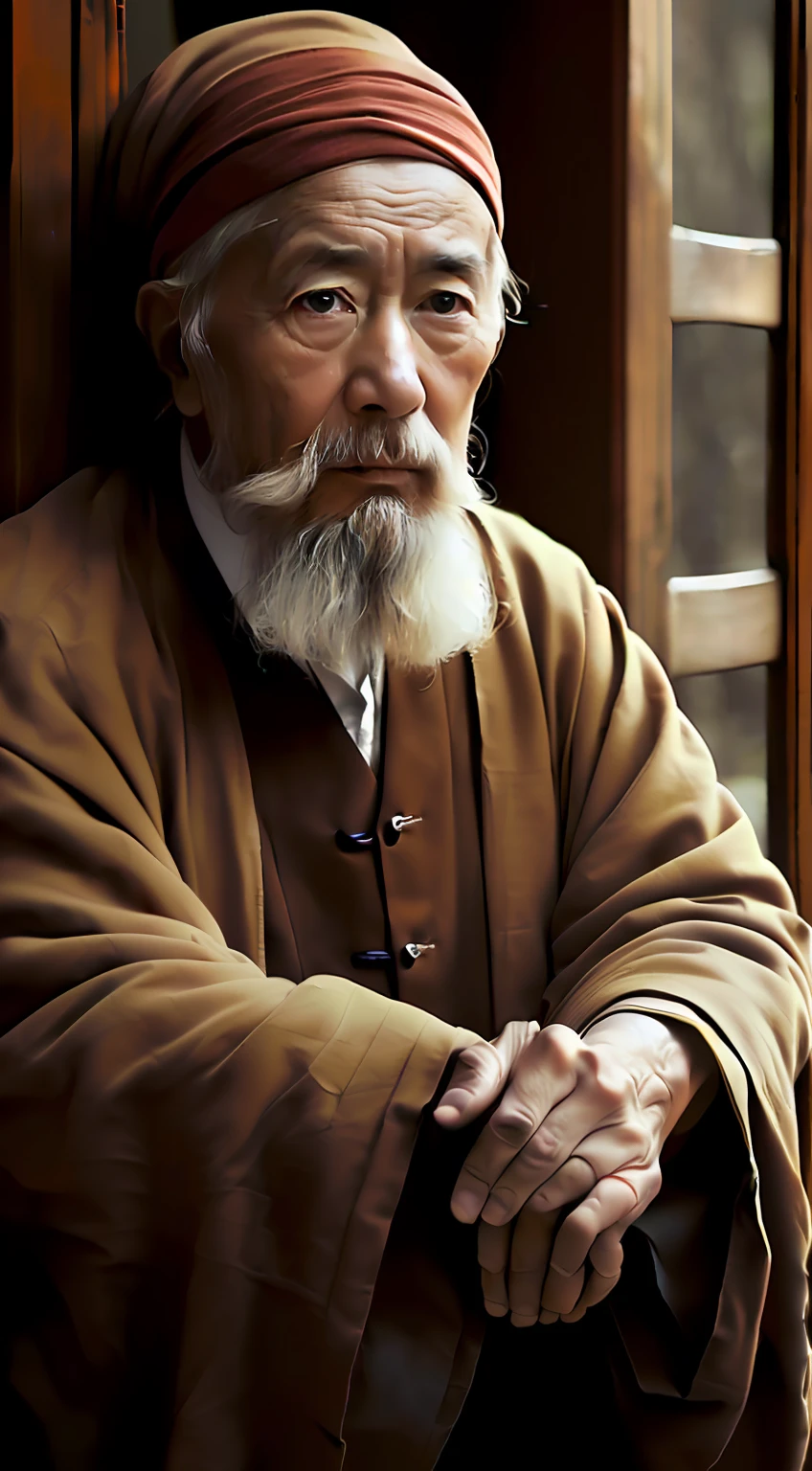 Alphad man with a long beard and brown robes,High quality portraits of old people,Black and white photo style,Quiet and dignified,A half body,Soft light source,A slightly blurred background。
