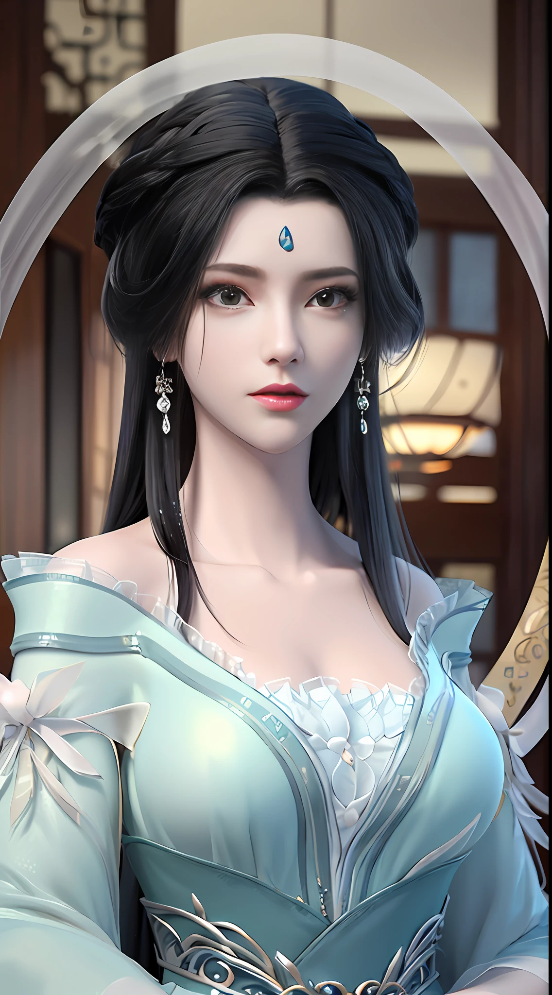 (Best Quality, Masterpiece: 1.2), Ultra High Resolution, Realistic, Front Lighting, Intricate Details, Exquisite Details and Textures, 1girl, Solo, (Young), Facial Highlight, Upper Body, Detail Face, Tear Mole, White Skin, Silver Hair, High Ponytail, Looking at the Audience, Big Eyes, Silk Hanfu, (Openwork Pattern, White, Silk), Earrings, Big Breasts, Slim Figure, Chang'an Avenue, Professional Lighting, Photon Mapping, Light Energy Transfer, Physically Based Rendering,