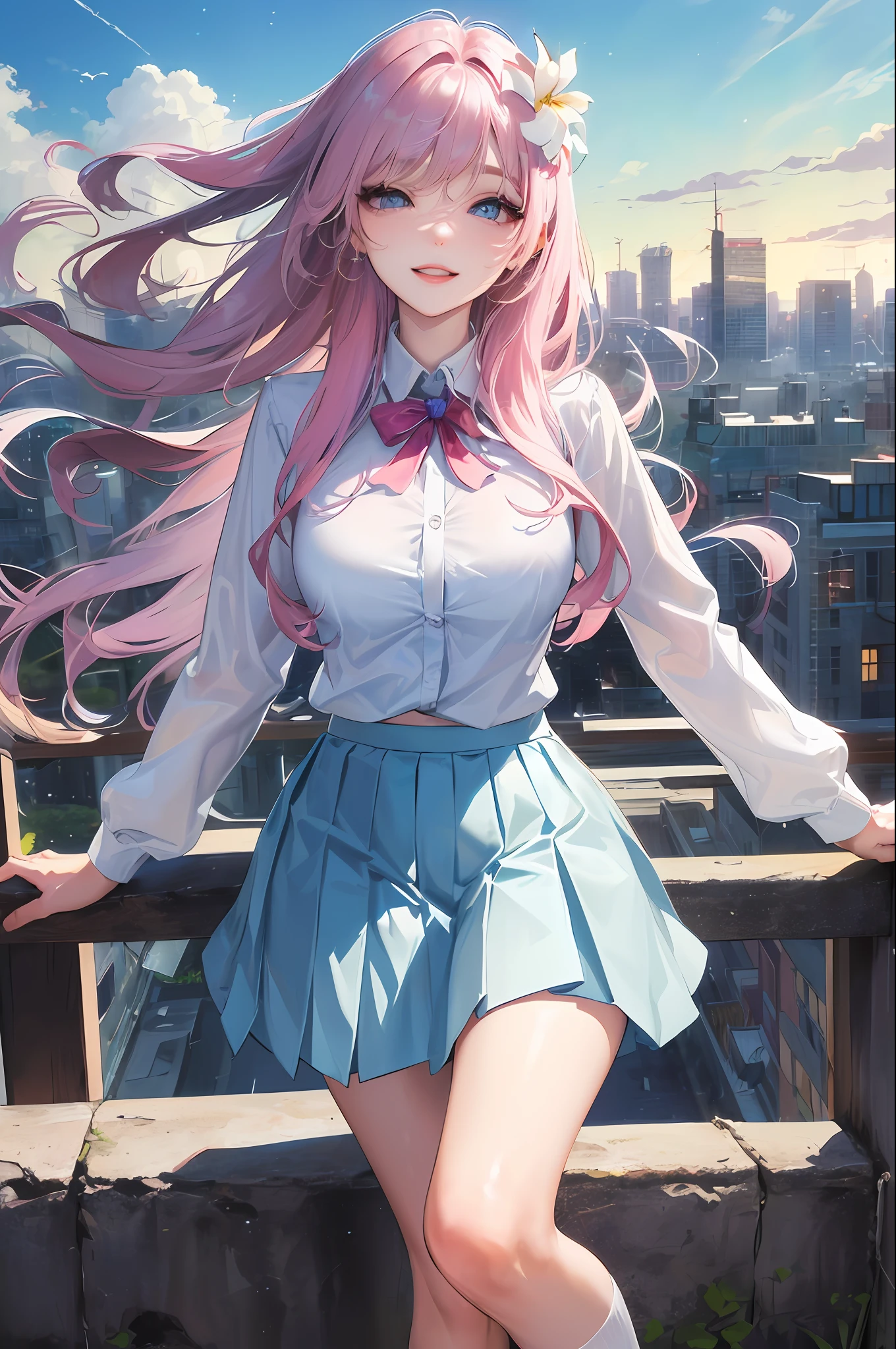 official art, masterpiece, sharp focus, (beautiful gorgeous cute Korean woman:1.3), (beautiful cute korean:1.3), korean beauty, Delicate and beautiful hair and eyes and face, realistic, ultra detailed, beautiful girl, blue sky, glow white particle, (sidelighting:1.2), sun light, white cloud, detailed clouds, slender, Lovely very large breasts and very large hips, smile with teeth, ((smile with eyes, open both eyes)), scenery, long straight hair, sexy facial expression, building, (cityscape:1.7), dynamic hair, long straight hair, detailed platinum pink hair, glow blue eyes, (blue pleated shirts + white skirt), white long socks, pale skin, hair ornament, epic scenery,