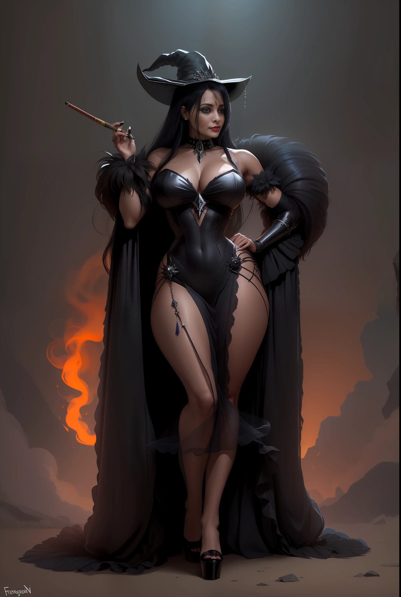 mulher em um vestido preto semi transparente, fumando um cigarro, personagem bruxa escura, Morrigan, poderosa feiticeira rechonchuda, supervillain sorceress witch, dark sorceress full view, bruxa escura da moda, humano :: feiticeira, Retrato de uma feiticeira, Retrato de corpo inteiro do personagem, conceito detalhado de corpo inteiro