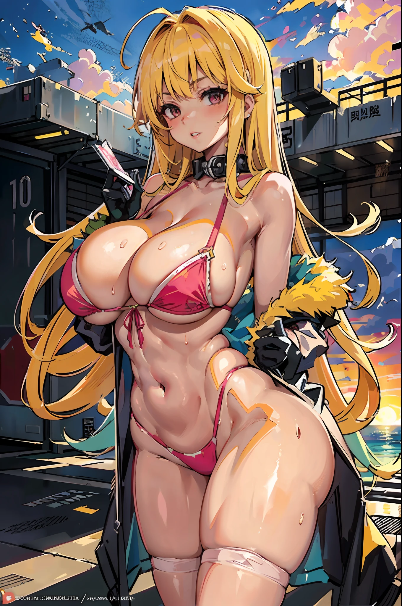 bremerton_\(Scorching hot_training)\_\(azur_lane)\, 1girll,big cleavage breasts, under boobs, sweat leggs, Pink non-marking underwear, 1girll, nedium breasts, nabel, the sunset, Clouds, Thighs, thighs, mostly cloudy sky, Covered with, 鎖骨, orange skies, Skysky, 独奏, looking at viewert, upper legs, Black colored eyes, Pink non-marking panties, White suspender stockings, Symmetrical thighs, parted lip,exposed bare shoulders, brunette color hair, the ocean,Long coiled hair, high legs,, yellow hair ribbon, eventide, curving, exteriors, cparted lips, lip bite, standing on your feet, areola of breast, forehead, Areola Slip, stomach, cropped shoulders, view over city, Harnes, gradient sky, horizon, Be red in the face, nip, ssmile, dent in the skin, shades, a matural female, yellow gloves, Wide buttock, at twilight, Fay from Cowboy Bibop's Valentine's Day,fey