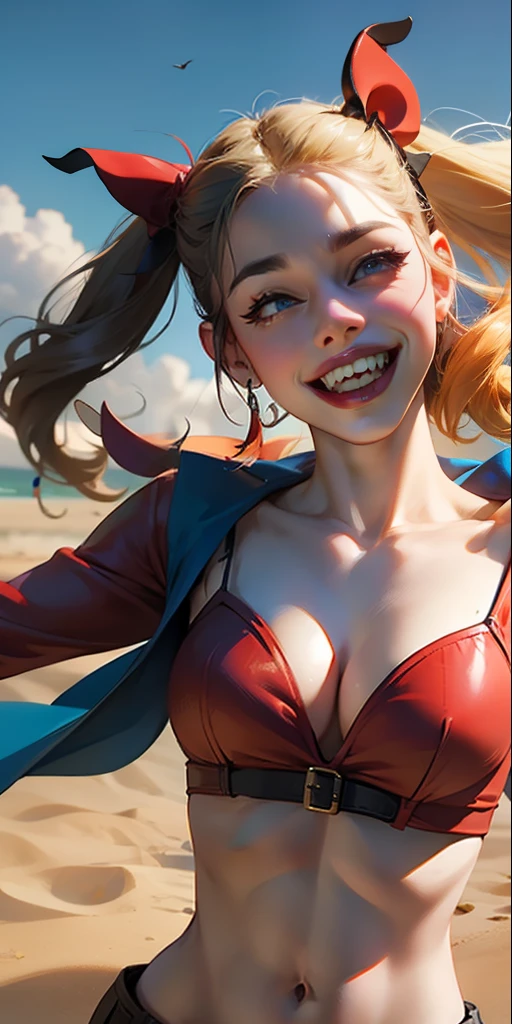 a gorgeous Harley Quinn standing on sand wind in the hair, happy posing, marvelous masterpiece, luring