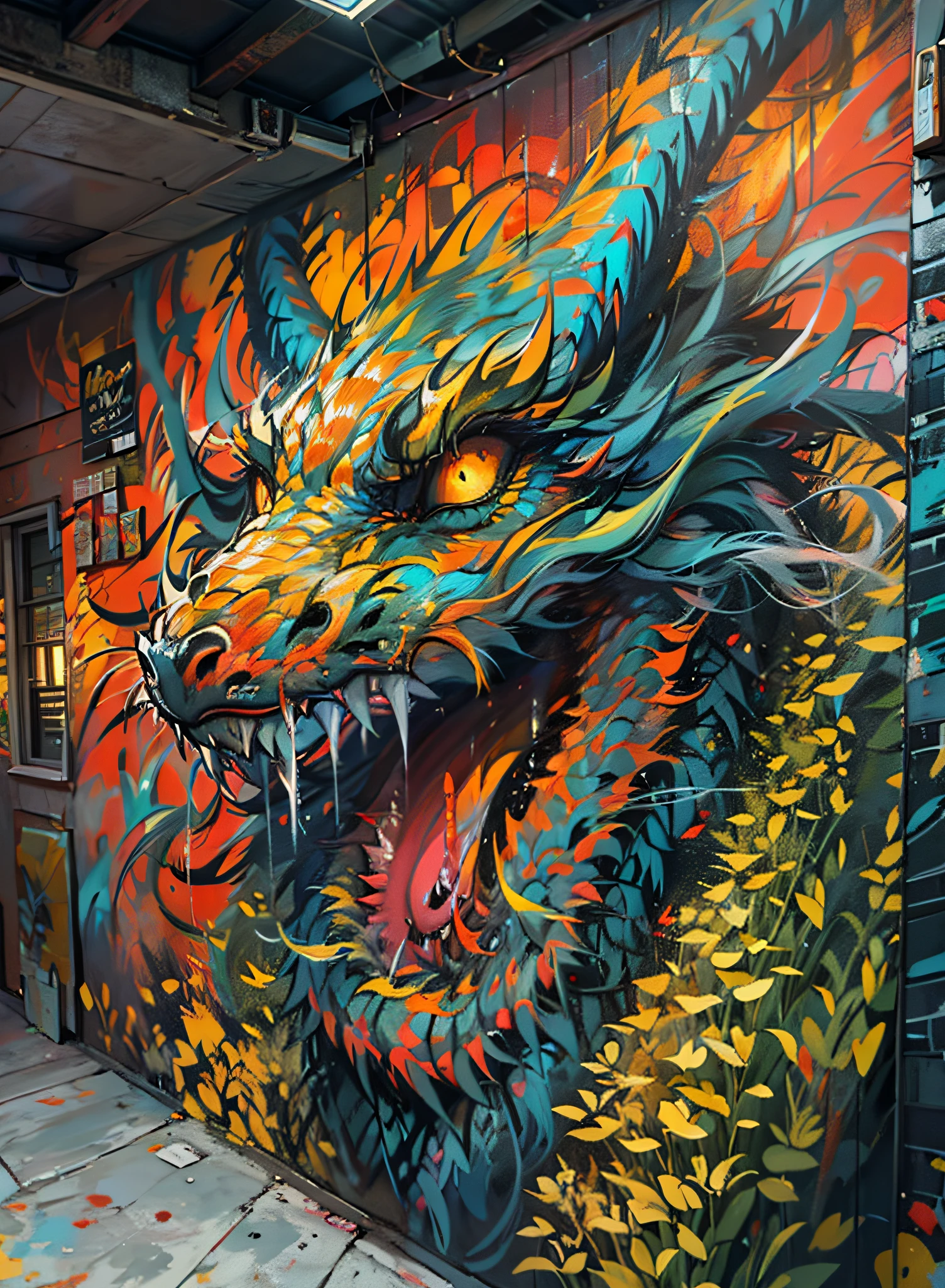 Drop Art , Cinematic scene - filmed in the dark,(extremamente detalhado), oriental dragon high resolution mural painting, grafite colorido,(( Drop Artdinâmico)) and vivid, cores vibrantes, pinceladas expressivas, vibe de arte de rua.