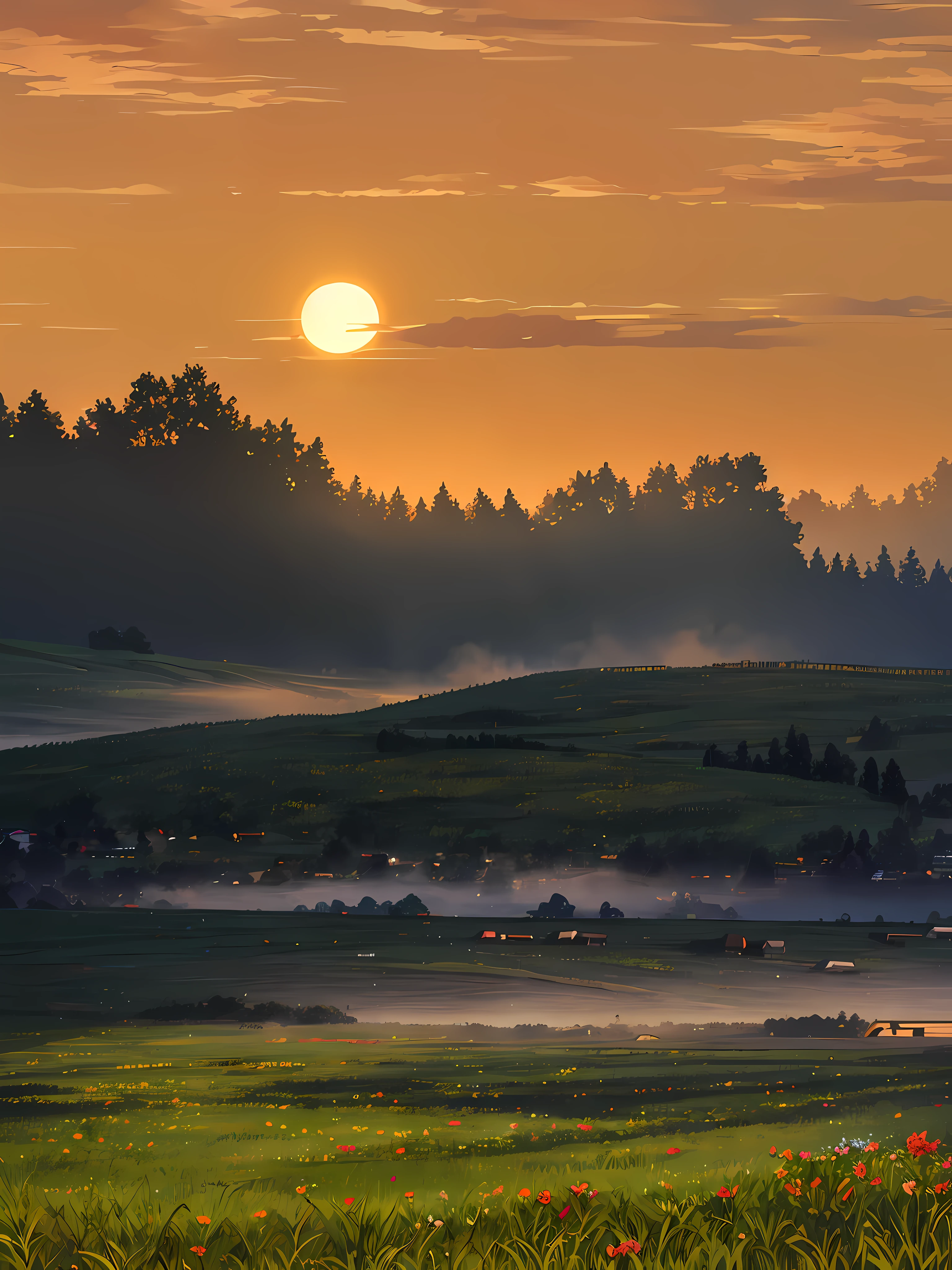 There is a large field,Farm and windmill in the background, with a red sun in the background, Early morning sunrise, morning atmosphere, in a sunset haze, The sun is setting, Morning mist, Early in the morning, Sun in the background, sun setting in the background, golden hour time, Big Red Sun, in the early morning, sun at dawn