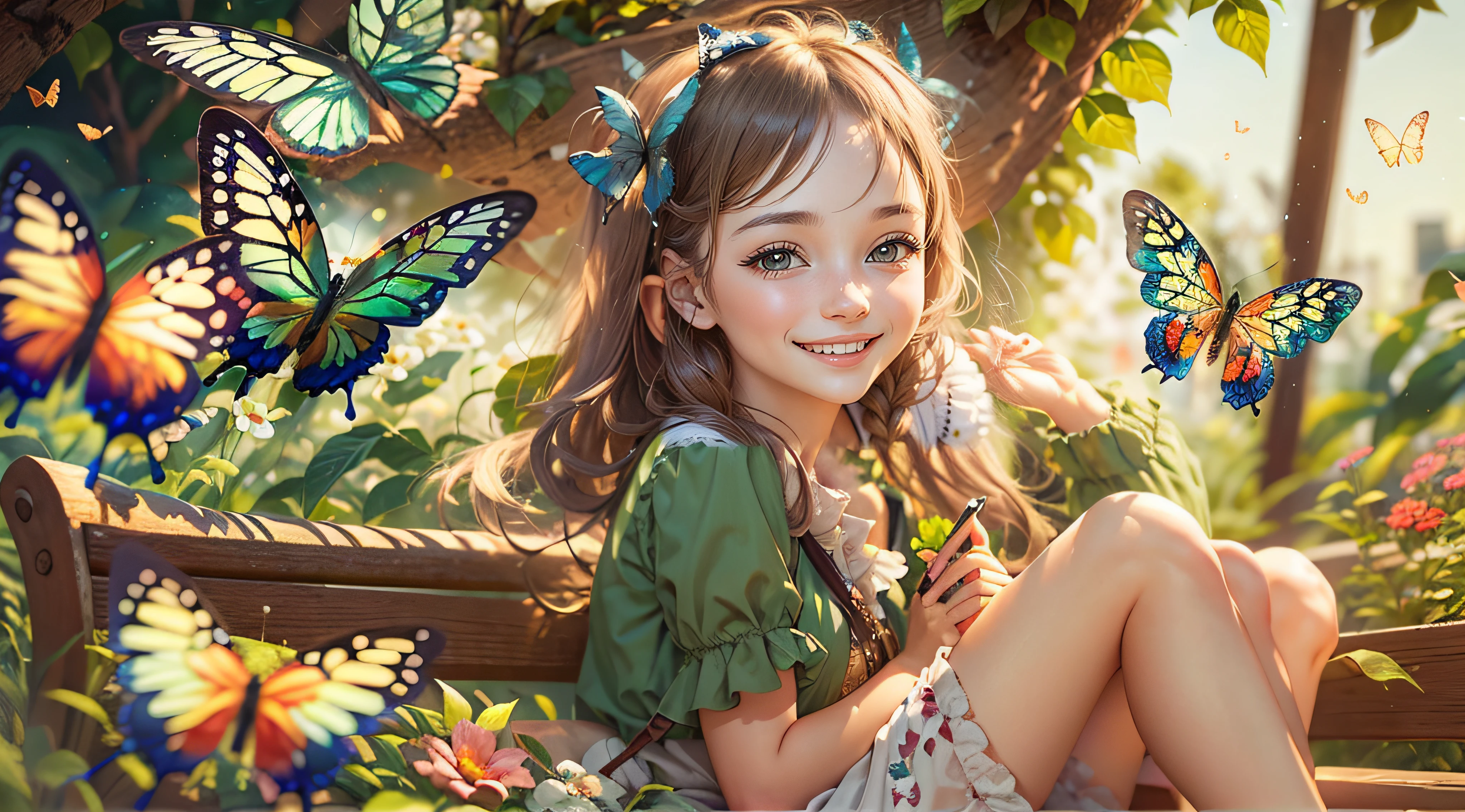 a happy girl sit on a bench in a garden enjoying summer with many butterflies