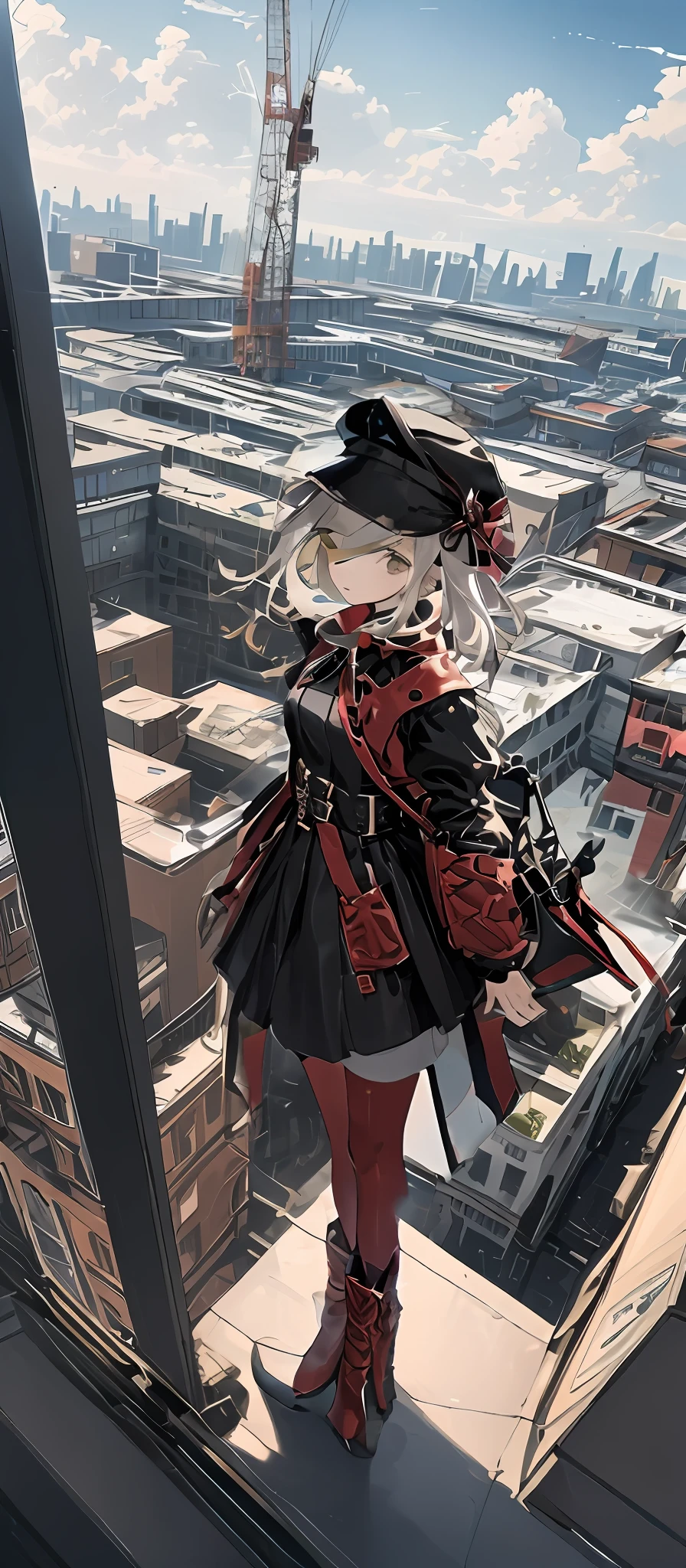 black cloaths,Long red boots