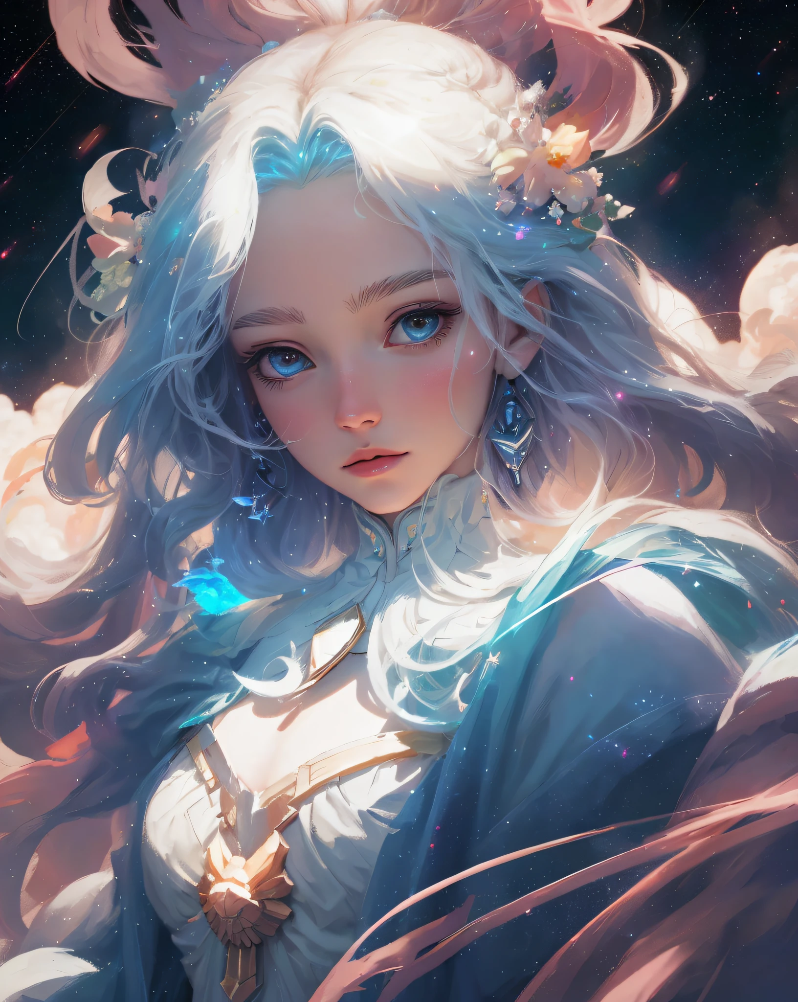 celestial goddess, afloat, Clouds, galaxias, Starcloud, Big white flowers in the hair, super 3D rendering, particle effects, super clear details