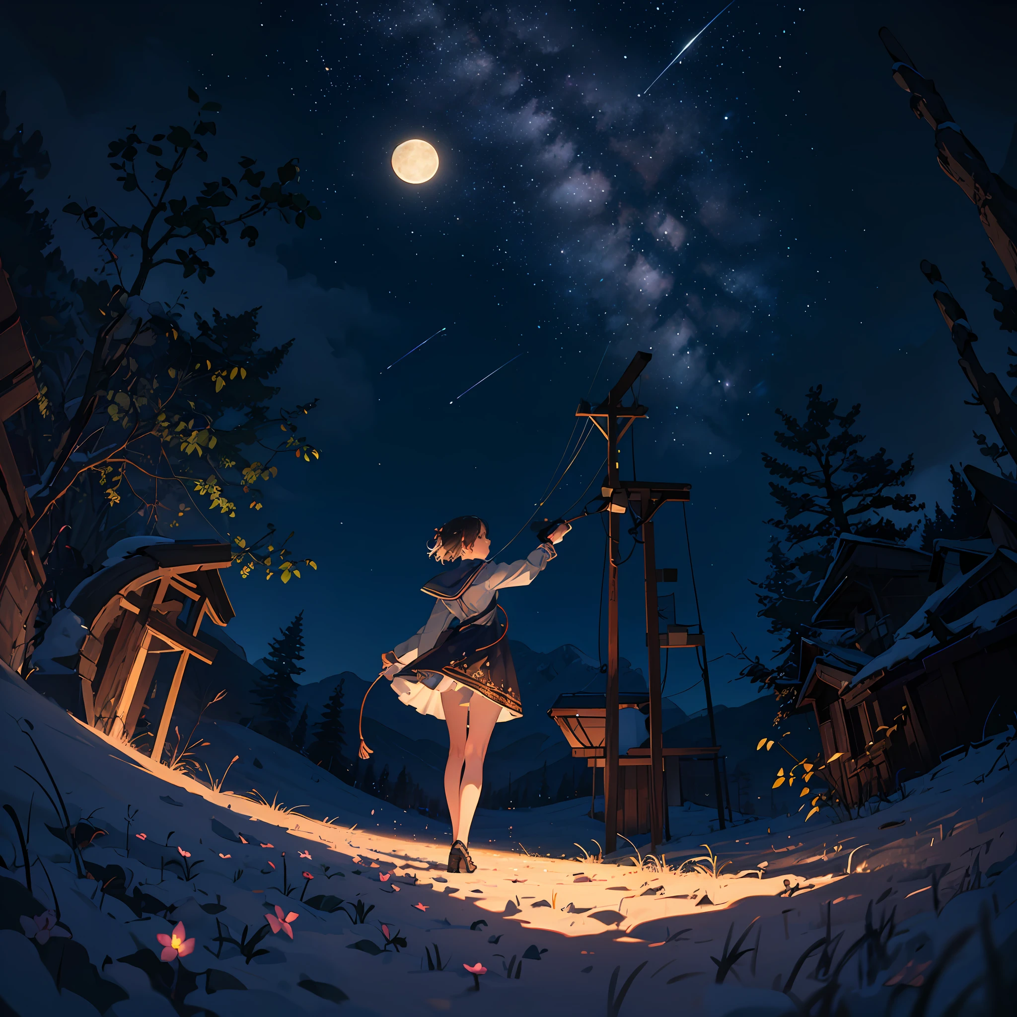 Expansive landscape photograph, (view from below with a view of the sky and the wilderness below), little girl standing in a flower field looking up, (full moon: 1.2), (shooting star: 0.9), (nebula: 1.3), distant mountain, tree break production art, (warm light source: 1.2), (firefly: 1.2), lamp, purple and orange, intricate detail, volume lighting BREAK (masterpiece: 1.2), (highest quality ), 4k, ultra-detailed, (dynamic configuration: 1.4), highly detailed and colorful details (iridescent: 1.2), (sparkling lighting, atmospheric lighting), dreamy, magical, (solo: 1.2) --auto