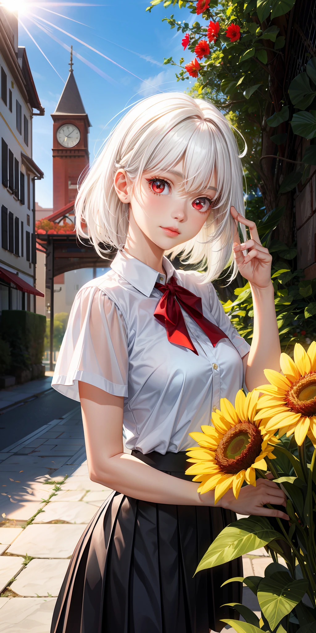 realisticlying,1girll,White hair,,glowing light eyes,Cut the top,a skirt,parted lip,Be red in the face,fresh flowers,suns,rays of sunshine,red eyes