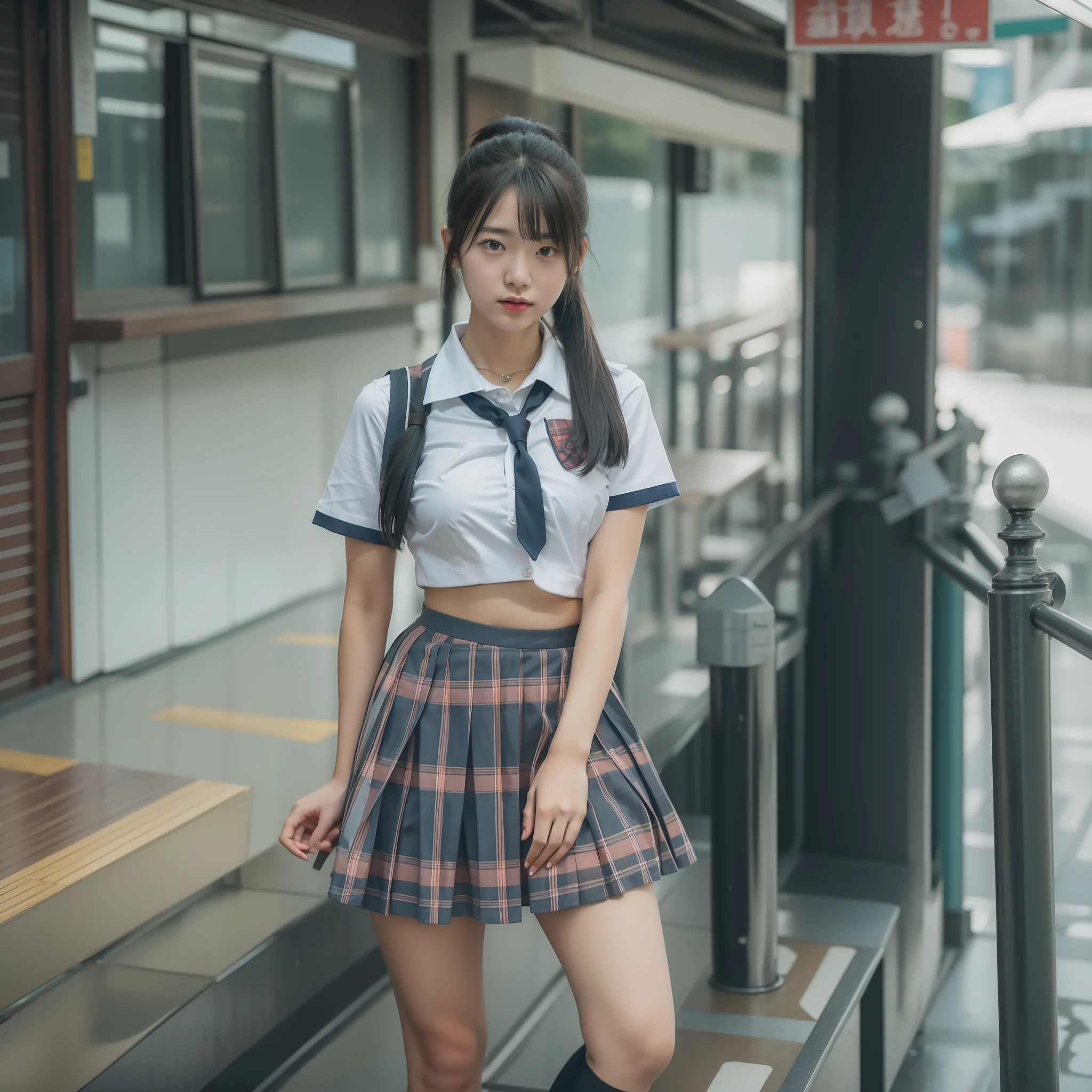 Girls in a middle school uniform，The appearance of a Hong Kong girl，18-year-old appearance， Middle school uniform, Fold skirt，Superskirt，Full body photo， Student, Hong Kong secondary school uniform, Ponytail hairstyle，The chest is huge，huge tit，Big tits，with a good figure，scantily clad，Long legs，Reveal underwear，Expose the bust