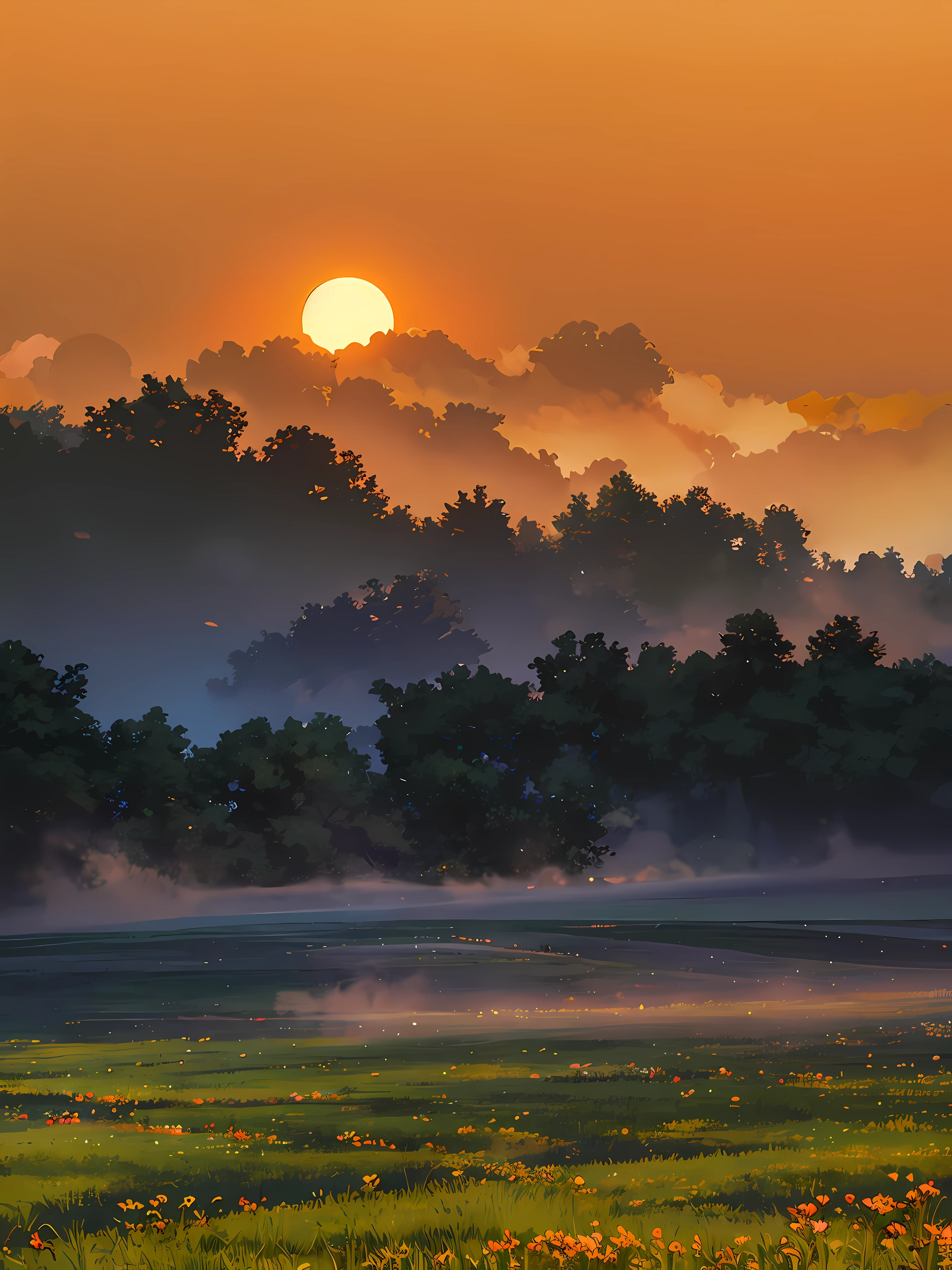 There is a large field,Farm and windmill in the background, with a red sun in the background, Early morning sunrise, morning atmosphere, in a sunset haze, The sun is setting, Morning mist, Early in the morning, Sun in the background, sun setting in the background, golden hour time, Big Red Sun, in the early morning, sun at dawn