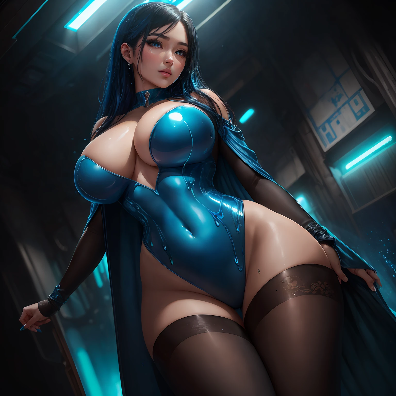 (masterpiece), (best quality), (ultra-detailed), (masterpiece), (best quality), (ultra-detailed), mature female body, hot big lady, (Photorealism), masterpiece, best quality, portrait, (Japanese KPOP idol:1.2), (realistic beautiful mistique from xmen), wide shot and, curvy body, holographic skin, blue make up, sharp focus, detailed anatomy, ultra-wonderful face detail, (her deep drippy blue colored melting slime body under the coat), 29 yo, a hot wet erotic blue colored leotard, with a ultra-cute face of a Japanese-Korean emo young idol, (ultra-detailed eyes), (ultra-detailed skin), (super melting honey hair), laying on spaceship hangar bayl, (drippy melting body), hyper huge breasts, wide hips, very tights hight end, photography, soft light,perfect young luxury face, photorealistic, correct fingers, the light is very bright style: realistic, photorealism --auto