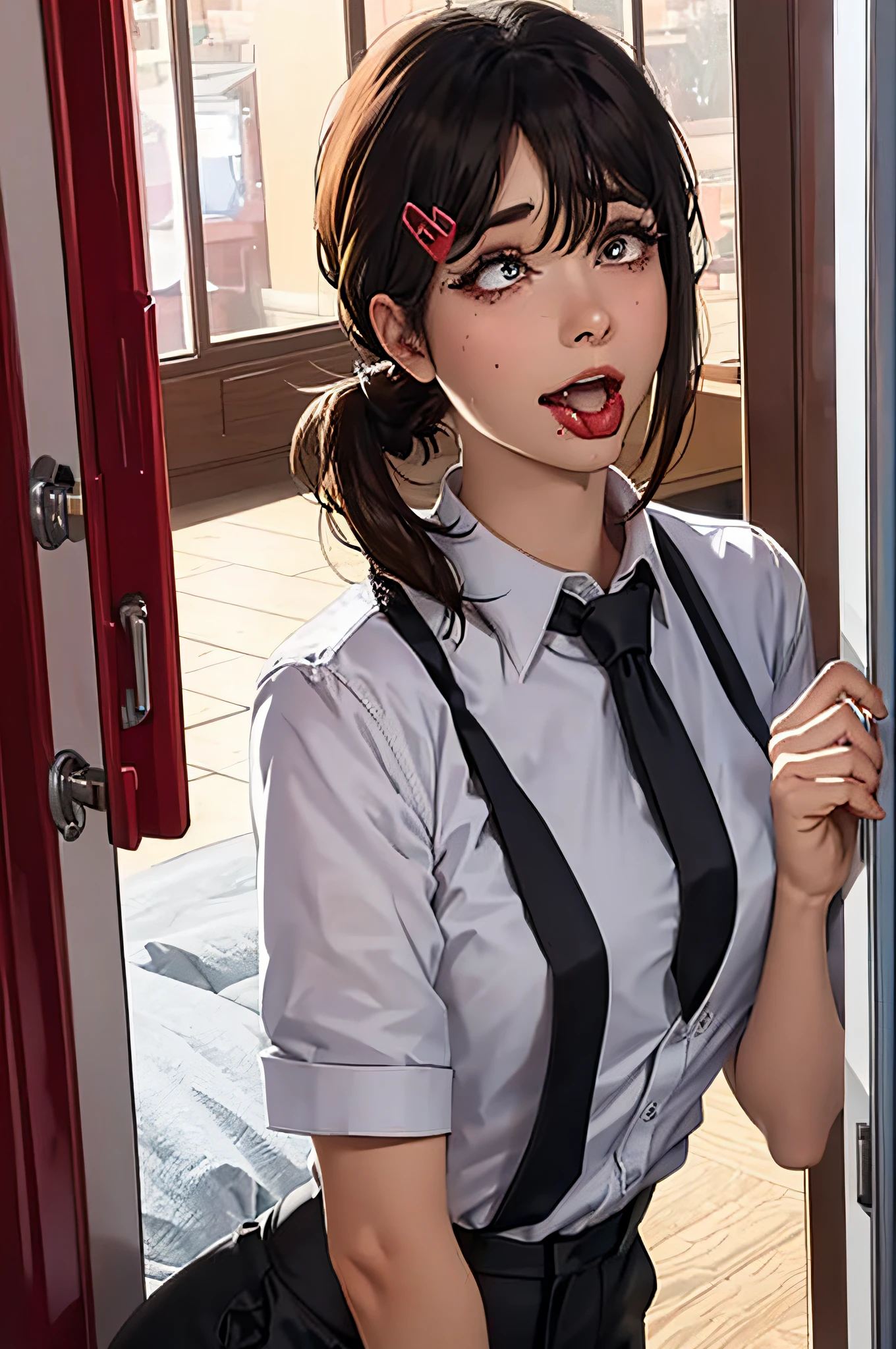 masterpiece, best quality, ultra-detailed, illustration, epic lighting, cinematic composition, isometric, 1girl, (solo:1.5), cute, brown eyes, black hair, swept bangs, single sidelock, red hairclip, white collared shirt, black necktie, black pants, formal, enchanting gaze, captivating pose, indoors, office, door, opening door, looking at viewer, peeking out upper body, blush, seductive smile, closed mouth,(8k:1.1), (ahegao:1.5)