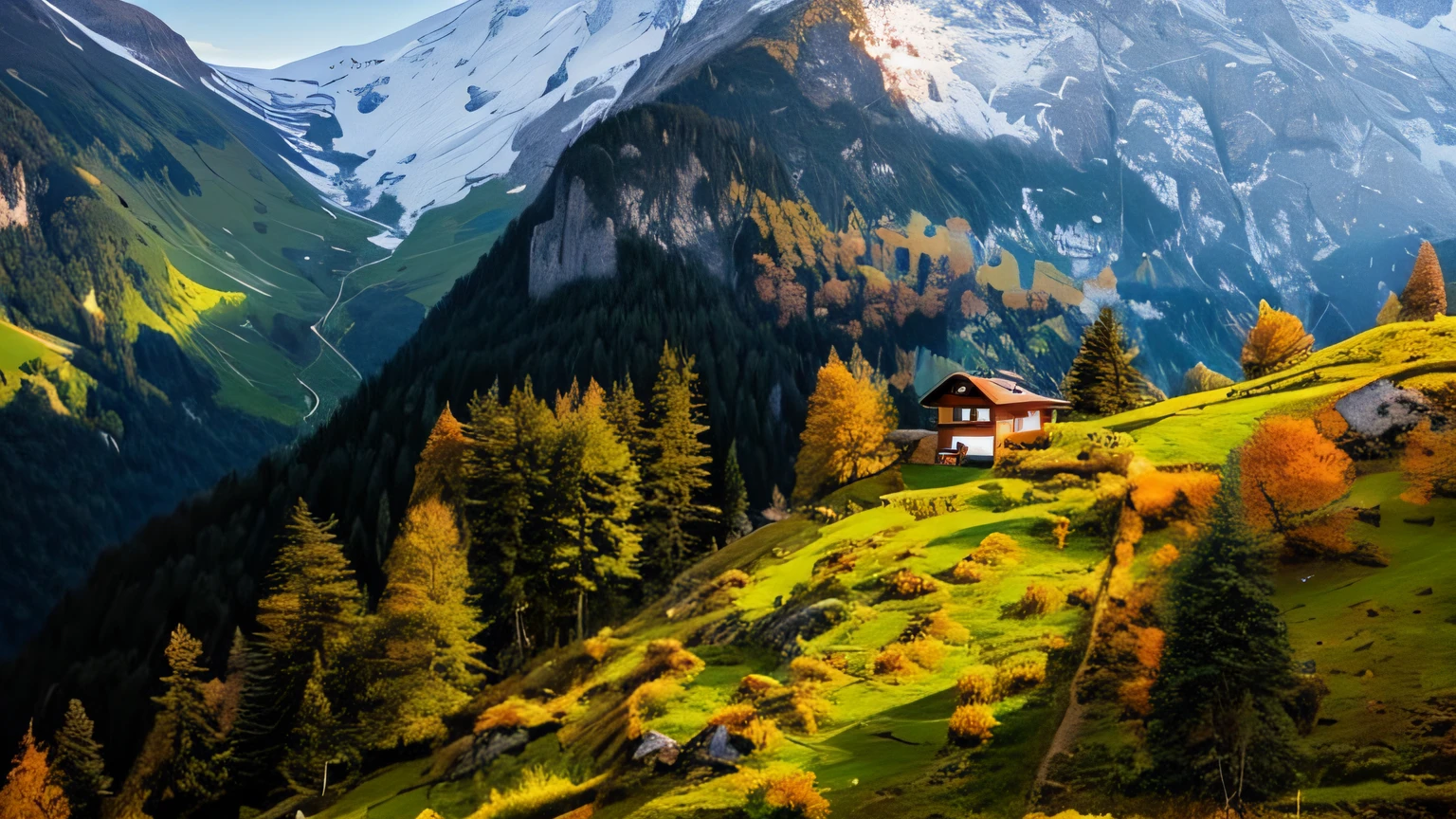 como fazer uma arte de promt perfeita, Awesome, detalhada e de alta qualidade, Swiss house on the mountain, Swiss architecture, Swiss Alps in the background, vista de longe, Typical Swiss house, paisagem natural, paisagem maravilhosa, arte bonita, obra prima anime.