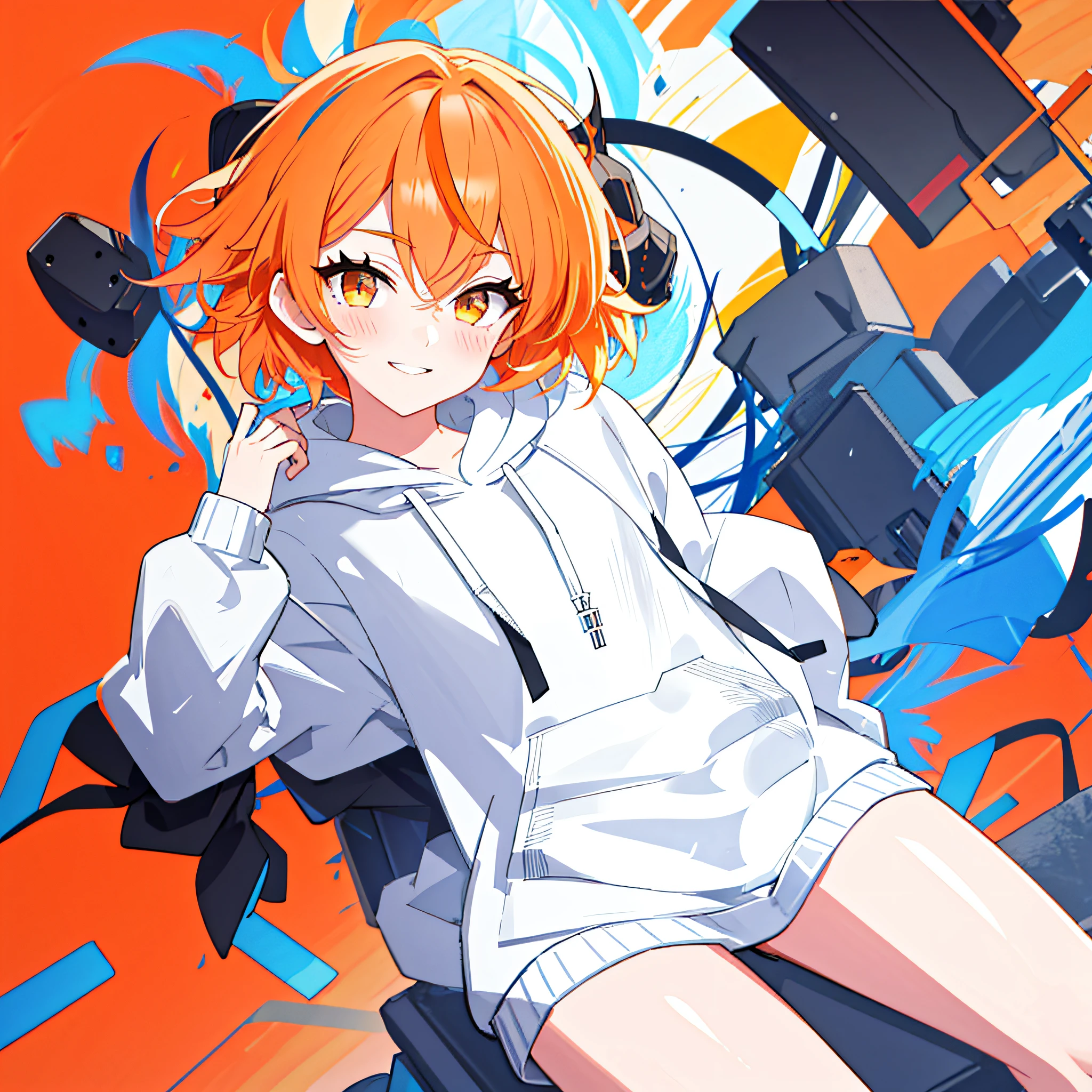 masterpiece, best quality, highres, portrait, 1girl, solo, short hair, looking at viewer, multicolored hair, orange hair, white hair, blue hair, braid, bangs, orange eyes, streaked hair, small breasts, breasts, long sleeves, (black hoodie:1.4), simple background, orange background, blush, smile, floral print on hoodie, lofi girl