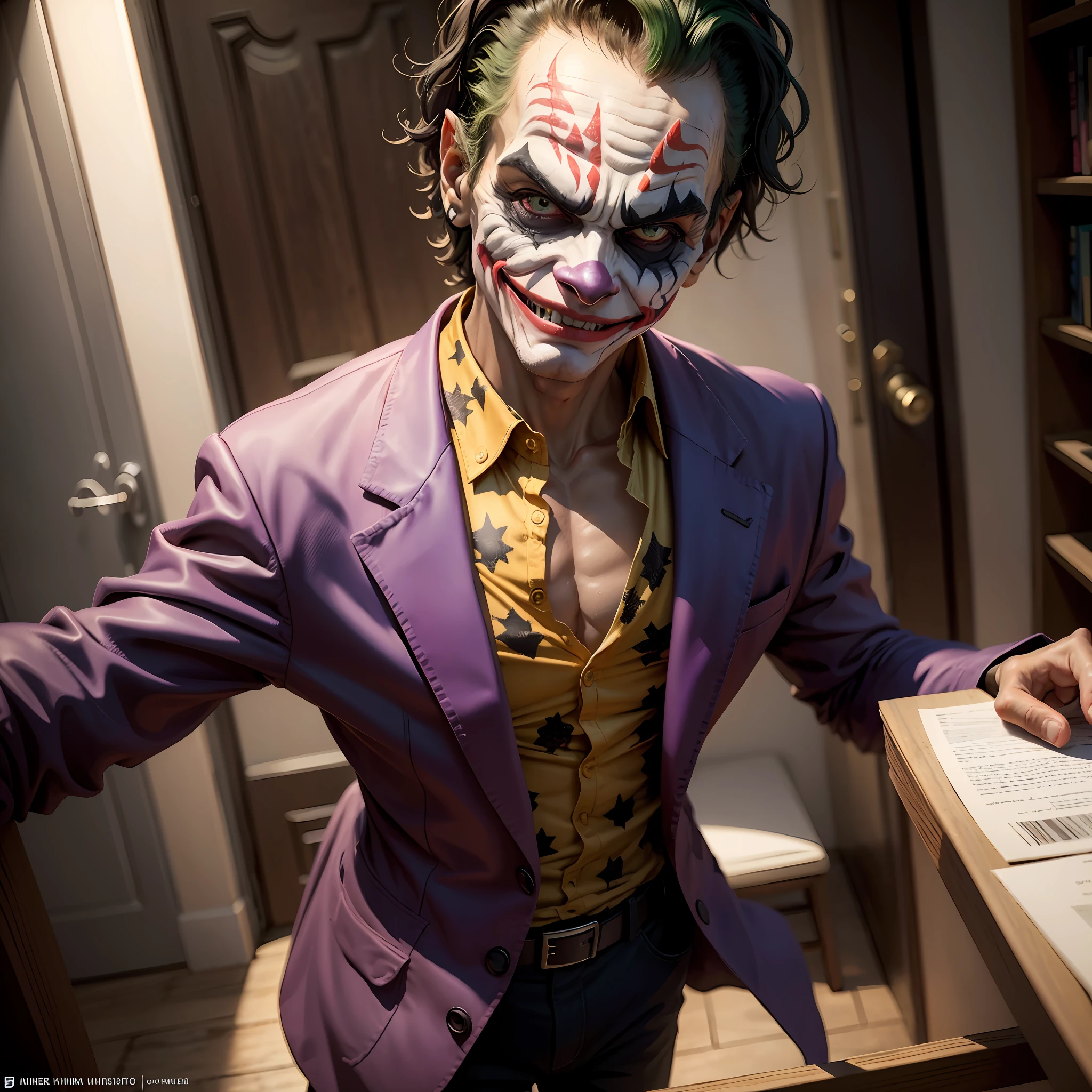 "((melhor qualidade)), ((obra-prima)), ((realista)), retrato realista e ultradetalhado do Homem-Aranha sentado sozinho em um trem durante a noite, com a maquiagem do Coringa (Joker) and depressive appearance, louco, in a cinematic environment, with atmospheric and discreet lighting, created in a detailed, high-definition digital painting at eye level, Scenic, obra-prima, alto detalhe, foco nítido, fotorrealista, mal-humorado, esfumaçado, hiperdetalhado, 8k --auto