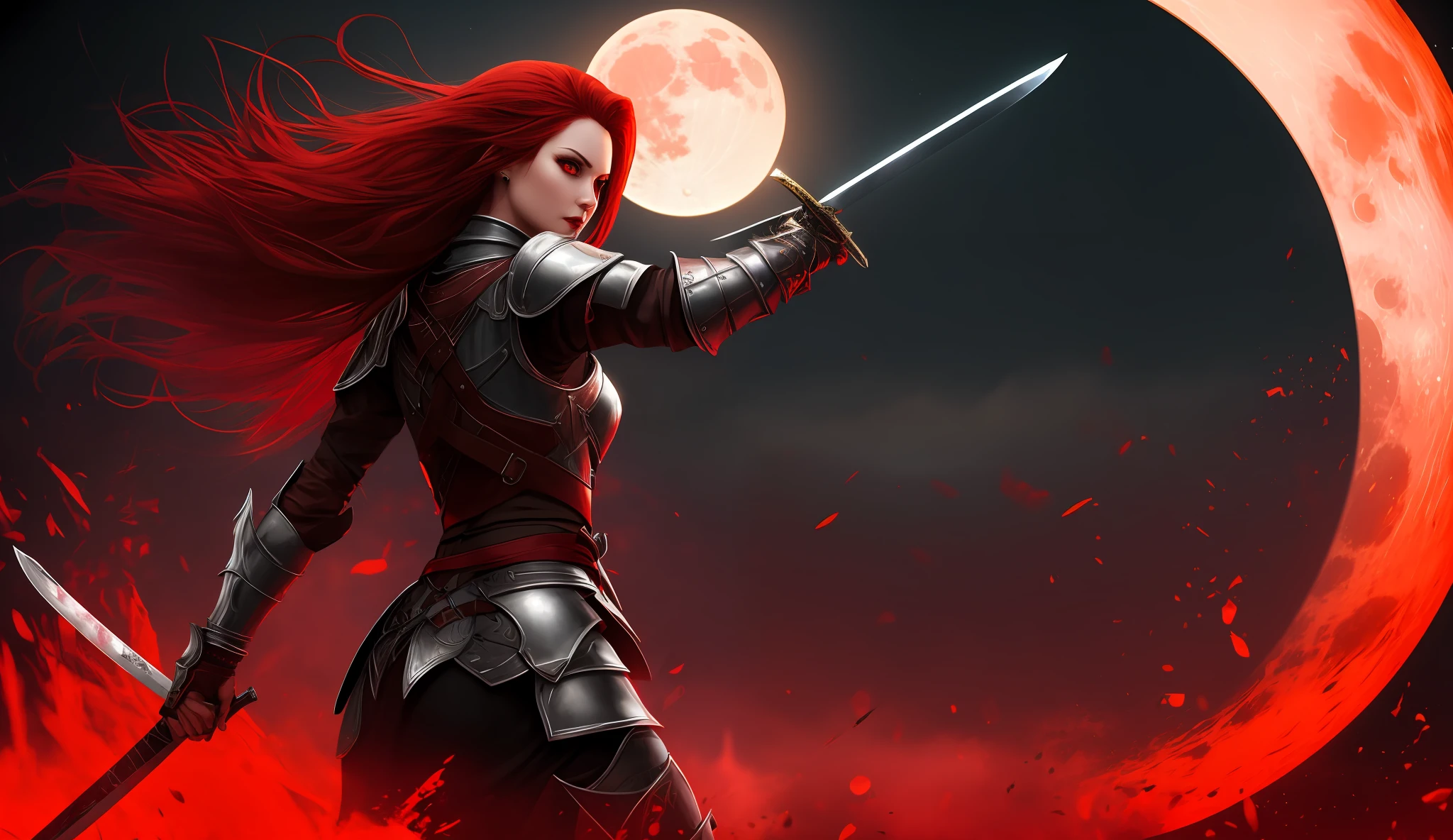 there is a vampire woman with red hair and a knife in her hand, crimson red hair and blood red eyes, full body, sexy armor, game art, bloodred moon background, 4k, ultra realistic, fighting pose sheathed sword on back