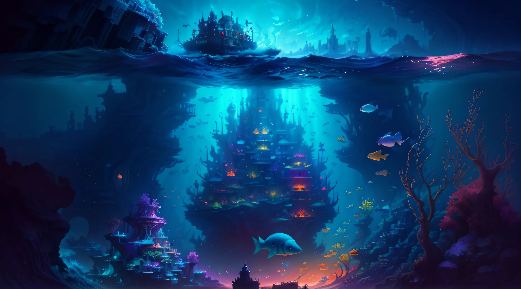Disney's《Colorful fish come to life in the ocean》, concept art inspired by Cyril Rolando, Artstation contest winner, Fantasy art, an underwater city, an underwater city, amazing depth, incredible depth, lost city of atlantis, futuristic underwater metropolis, lost city of atlantis, city of atlantis, Undersea temple, Atlantis City, deep sea cyberpunk