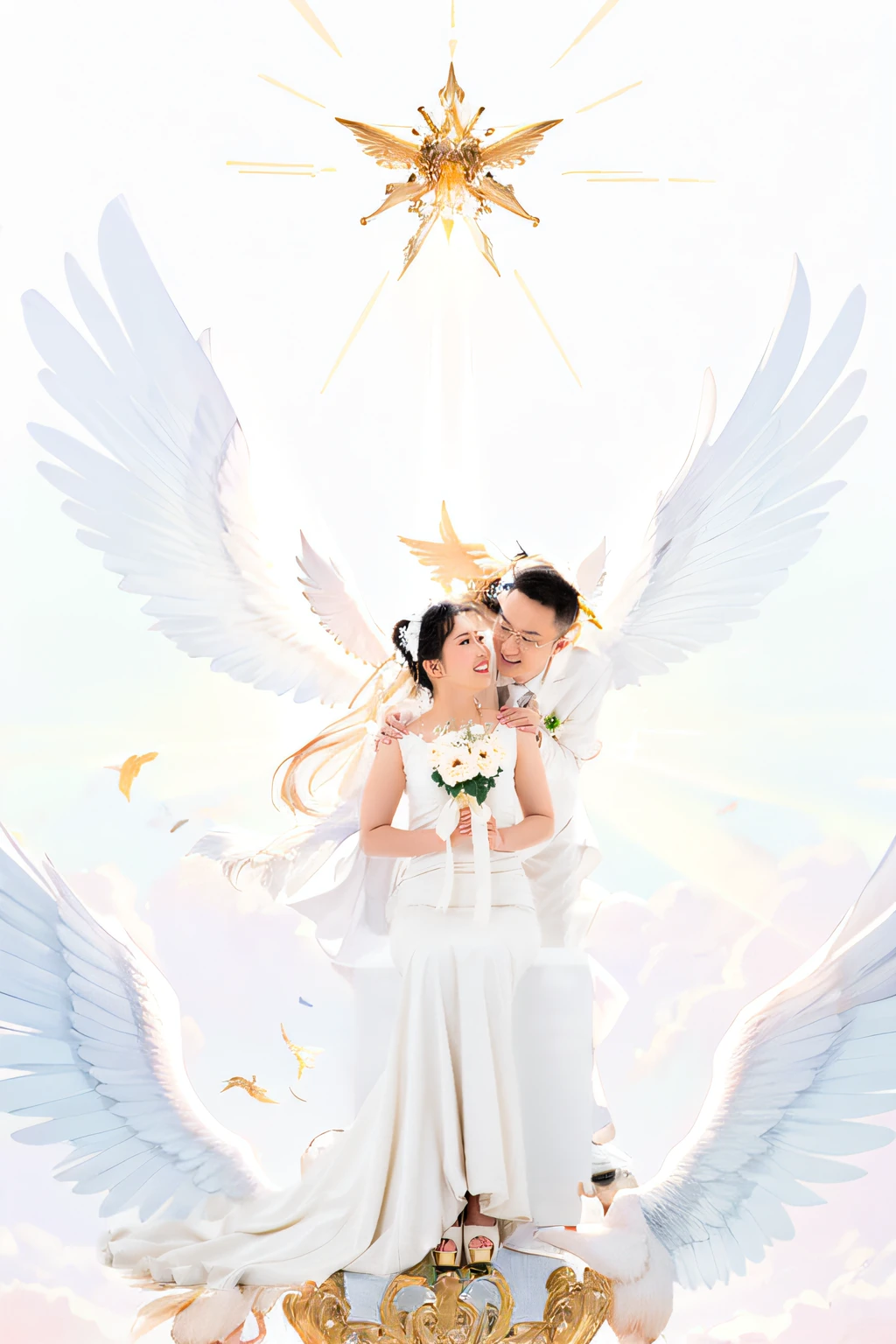 paradise scene,The Holy Light shines,Surrounded by cherubs in the distance,Holy wings、Wings unfolded,Like wings flying in the sky,Fluttering feathers,Masterpiece,illustrious。