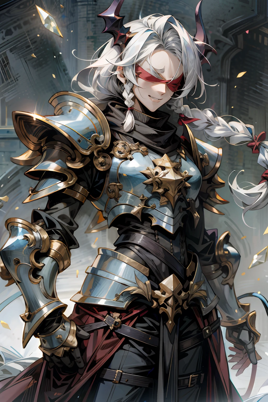 male, gauntlet with blades, heavy armor, evil smile, evil, low twin braids, crystal hair, demon horns, anime style, Gothic art, high details, highres,blind,blindfold