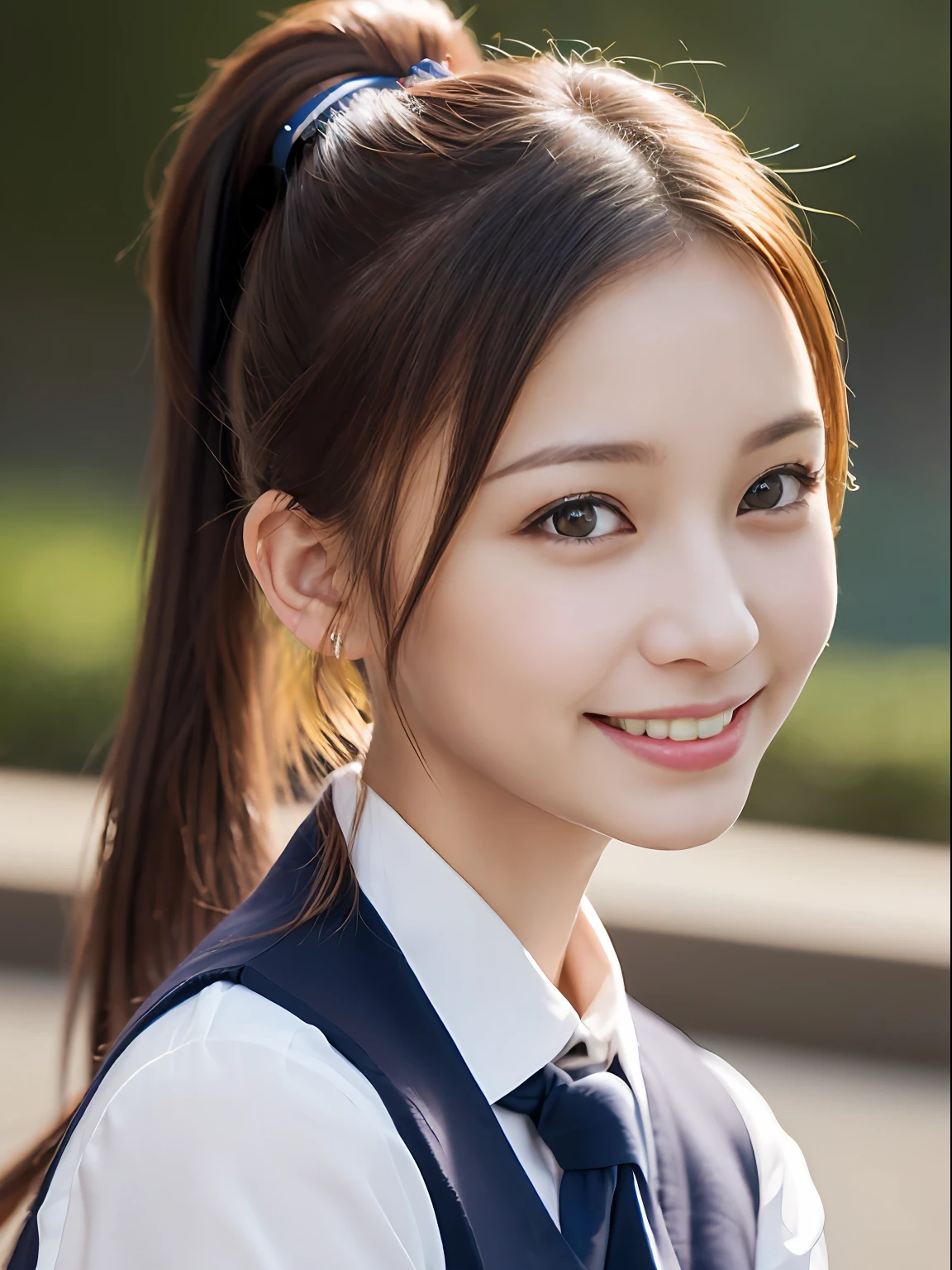 best quality, masterpiece, ultra high res, (photorealistic:1.4), RAW photo,cinematic lighting, 1 japanese girl,solo,20 years old,big breasts,(detailed beautiful face:1.5),(real skin:1.5),slender,thin legs,(big eyes:1.2),(smiling:1.3),(ponytail:1.5),(school uniform:1.5),
